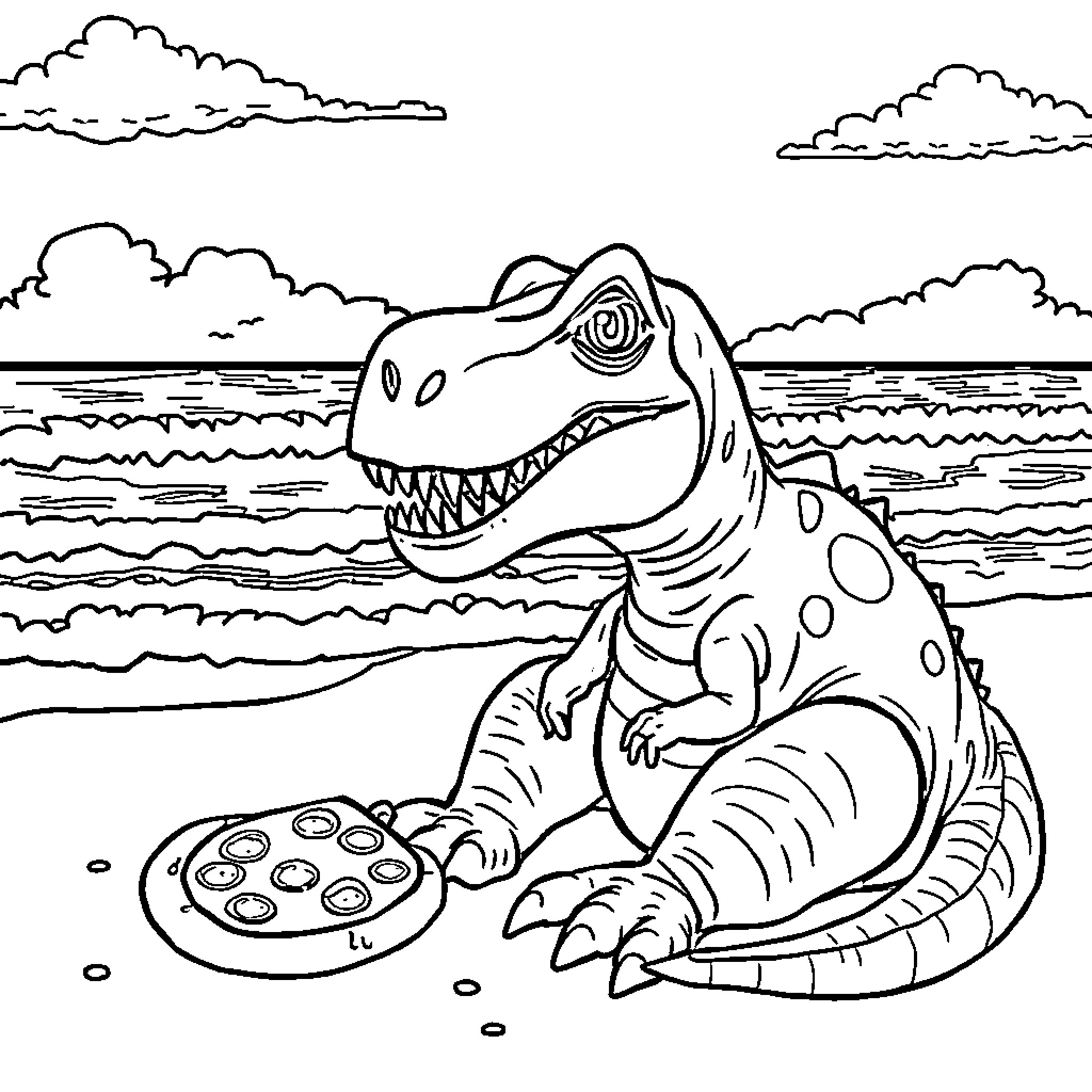 Dinosaur enjoying a tasty pizza on the beach Coloring Page (free black-and-white line drawing printable PDF for all, from beginners to advanced learners, including children, teens, adults, and seniors)