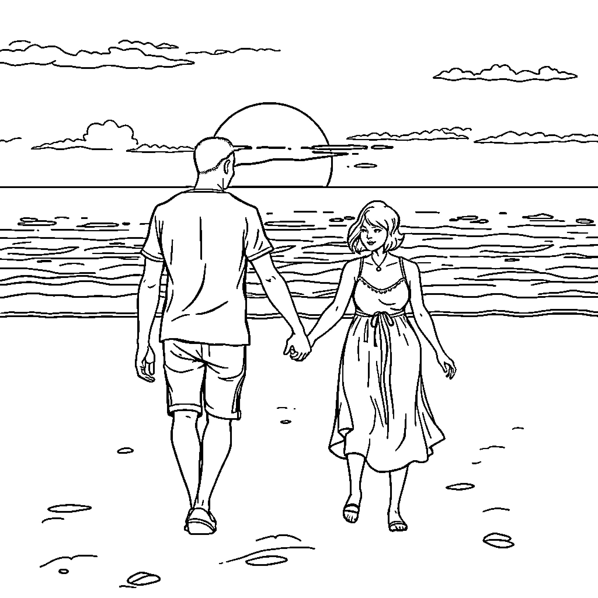 Man and woman walking together at sunset by the sea Coloring Page (free black-and-white line drawing printable PDF for all, from beginners to advanced learners, including children, teens, adults, and seniors)