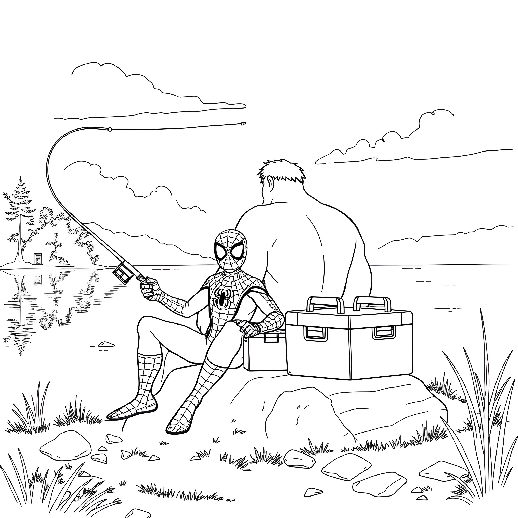 Spiderman rests on a rock with supplies by the lake Coloring Page (free black-and-white line drawing printable PDF for all, from beginners to advanced learners, including children, teens, adults, and seniors)