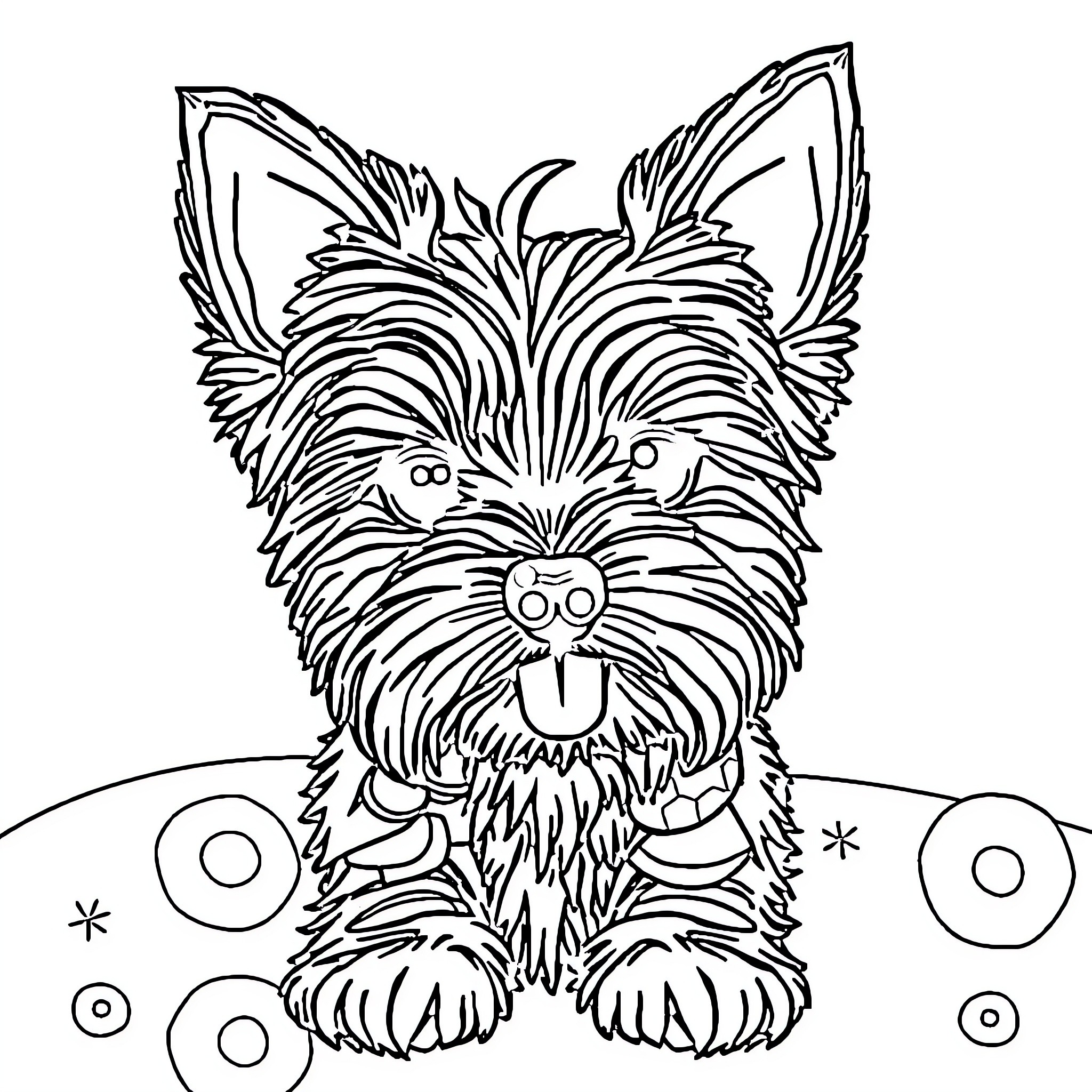 Yorkie sitting peacefully on patterned background Coloring Page (free black-and-white line drawing printable PDF for all, from beginners to advanced learners, including children, teens, adults, and seniors)