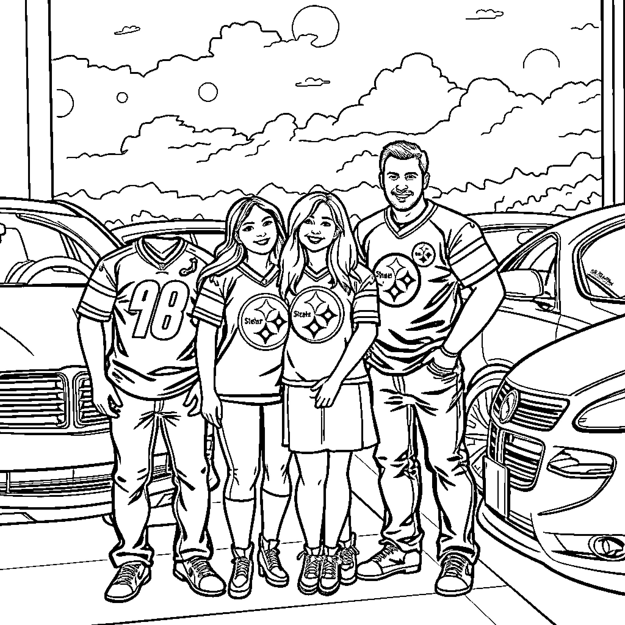 Family Outing with Sports Team Attire Coloring Page (free black-and-white line drawing printable PDF for all, from beginners to advanced learners, including children, teens, adults, and seniors)