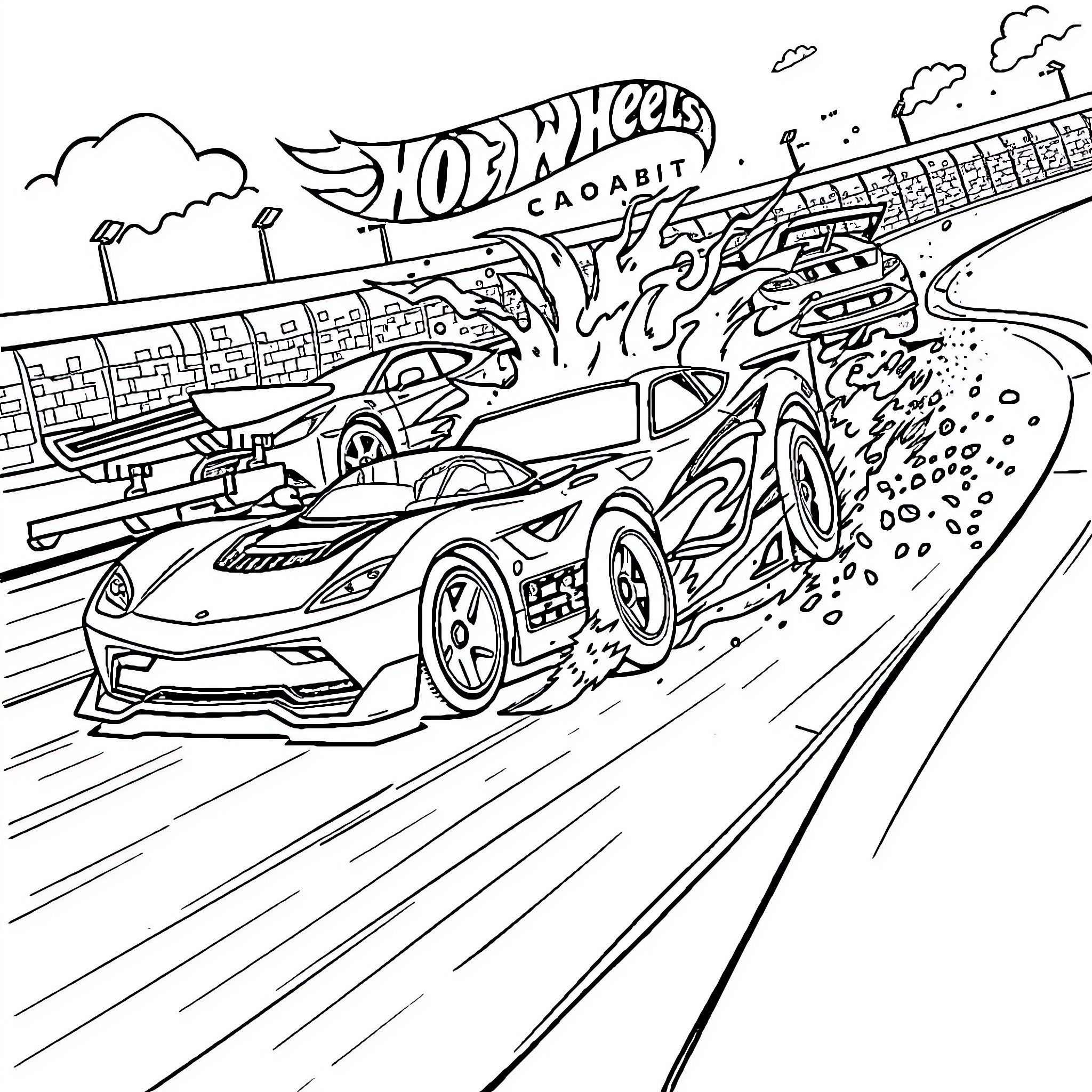 Hot Wheels racing cars speeding on the track Coloring Page (free black-and-white line drawing printable PDF for all, from beginners to advanced learners, including children, teens, adults, and seniors)