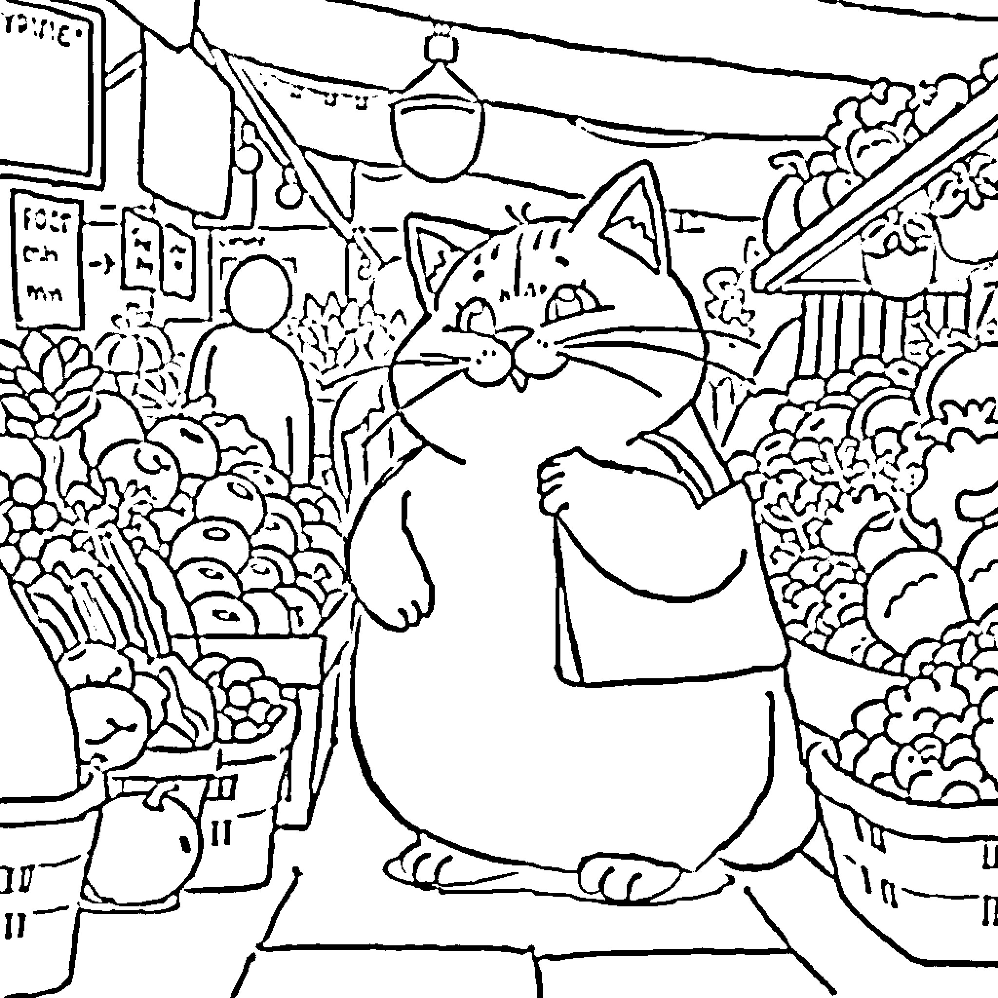 Cat in a Marketplace Coloring Page (free black-and-white line drawing printable PDF for all, from beginners to advanced learners, including children, teens, adults, and seniors)