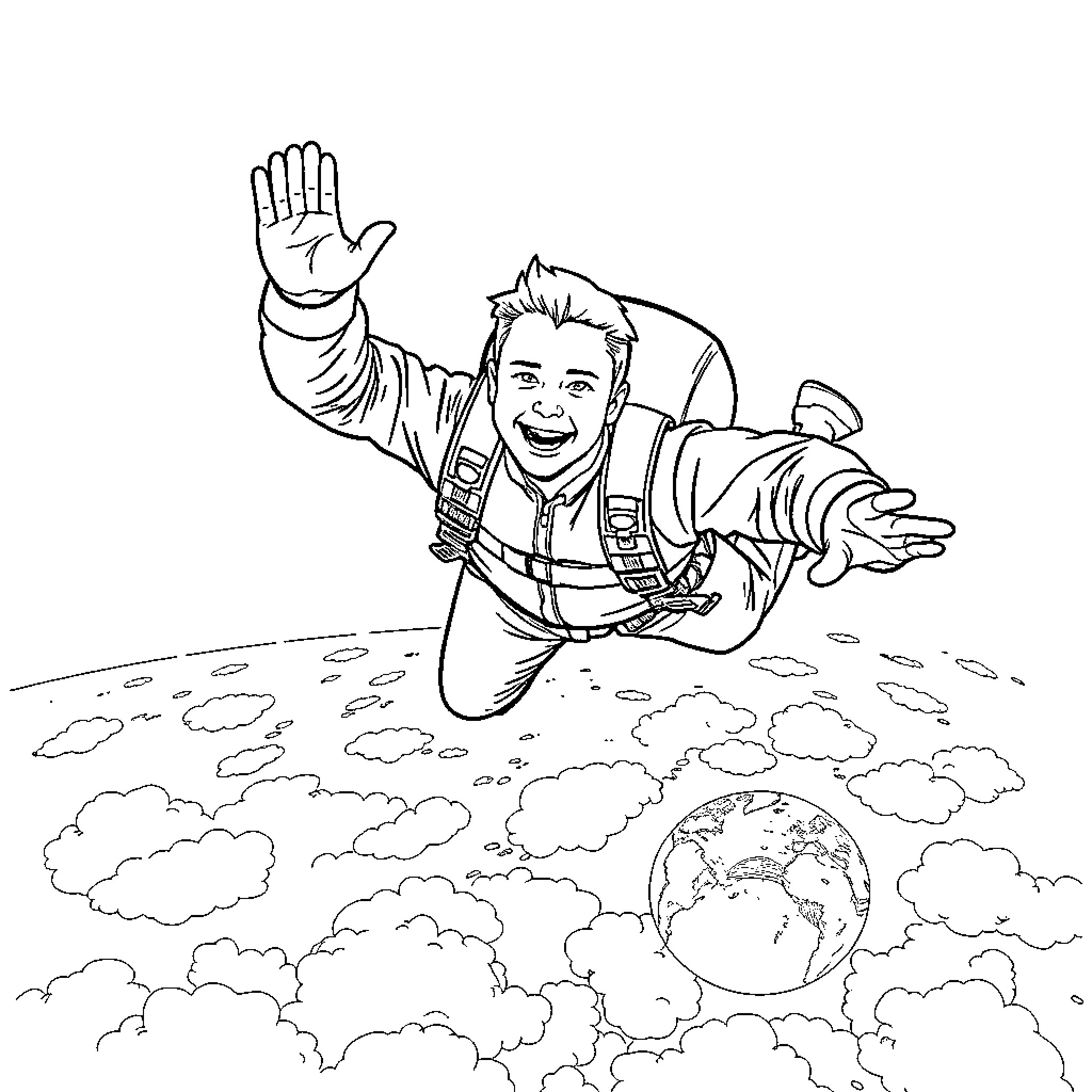 Matthew West flying through the clouds Coloring Page (free black-and-white line drawing printable PDF for all, from beginners to advanced learners, including children, teens, adults, and seniors)