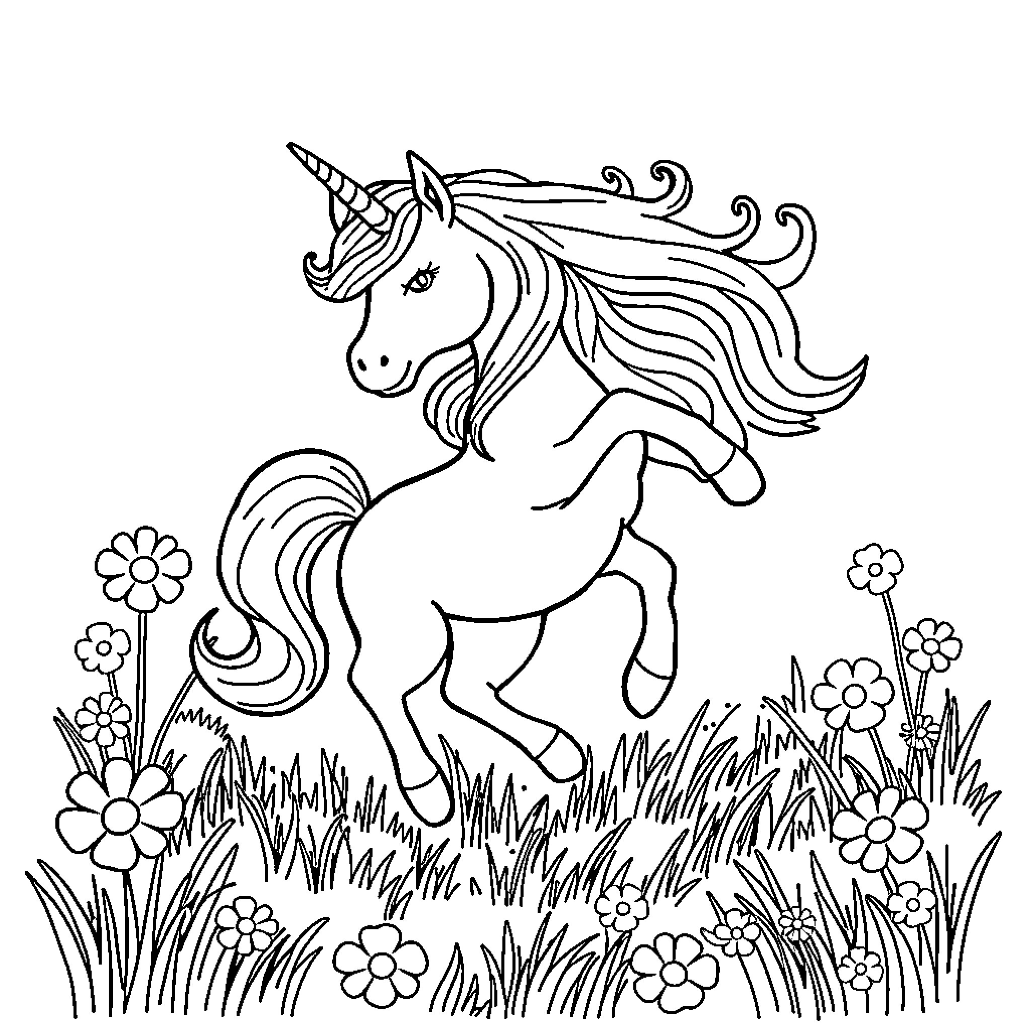 Unicorn frolicking in a flower-filled meadow Coloring Page (free black-and-white line drawing printable PDF for all, from beginners to advanced learners, including children, teens, adults, and seniors)