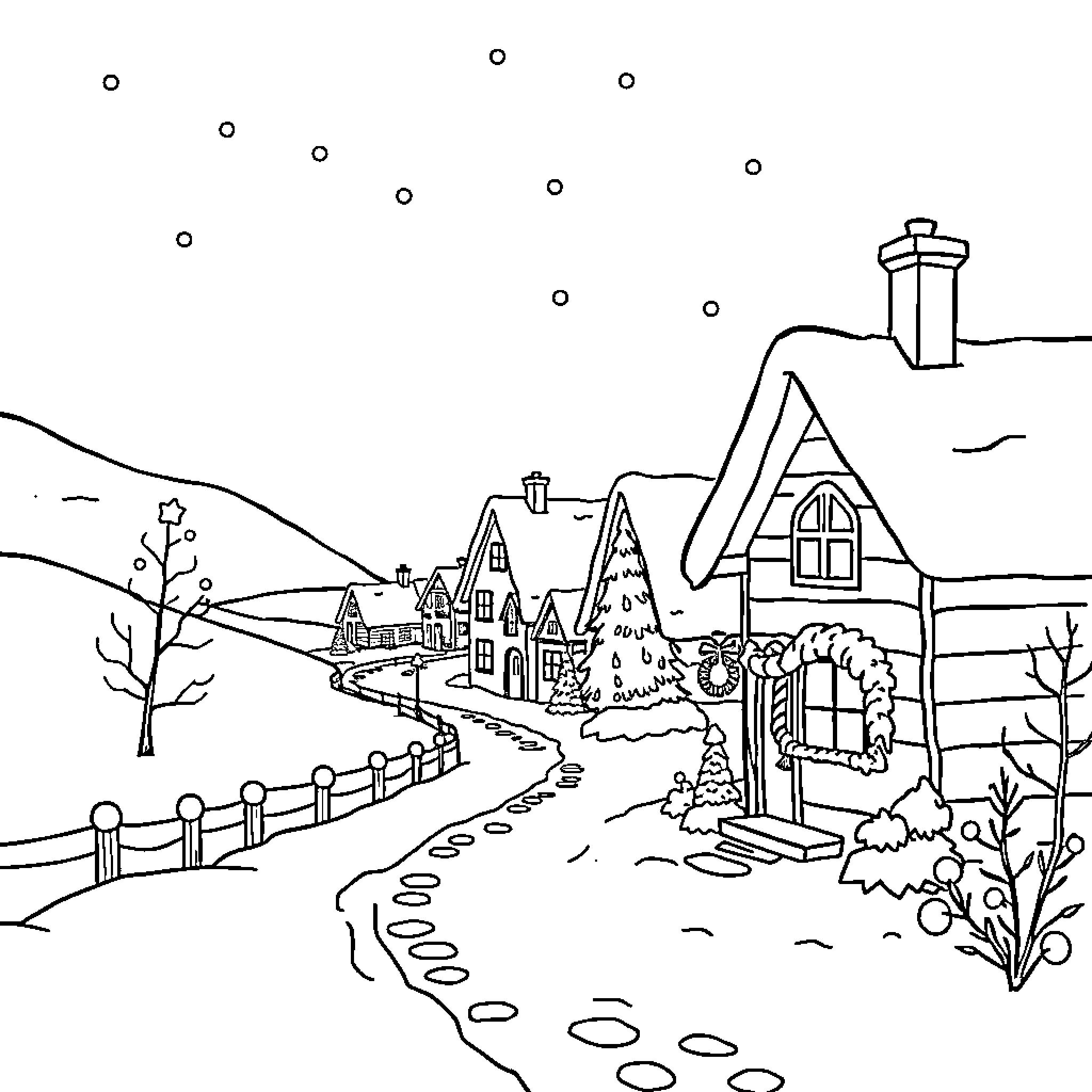 Santa's Cozy Winter Wonderland Landscape Coloring Page (free black-and-white line drawing printable PDF for all, from beginners to advanced learners, including children, teens, adults, and seniors)