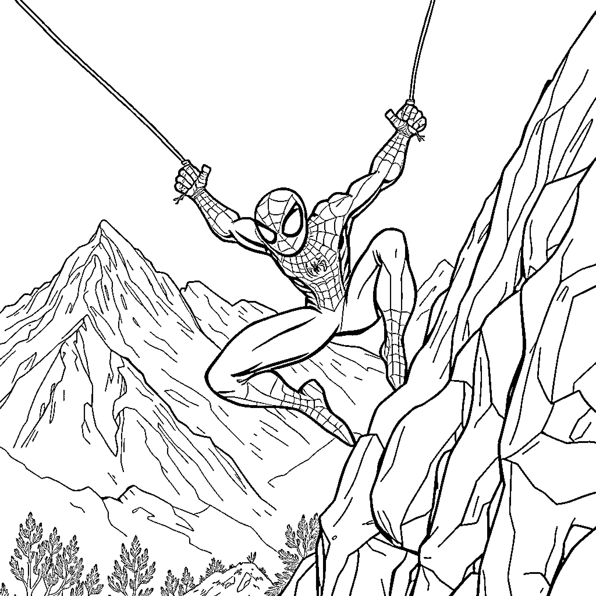Spidey swinging through a dramatic mountain landscape Coloring Page (free black-and-white line drawing printable PDF for all, from beginners to advanced learners, including children, teens, adults, and seniors)