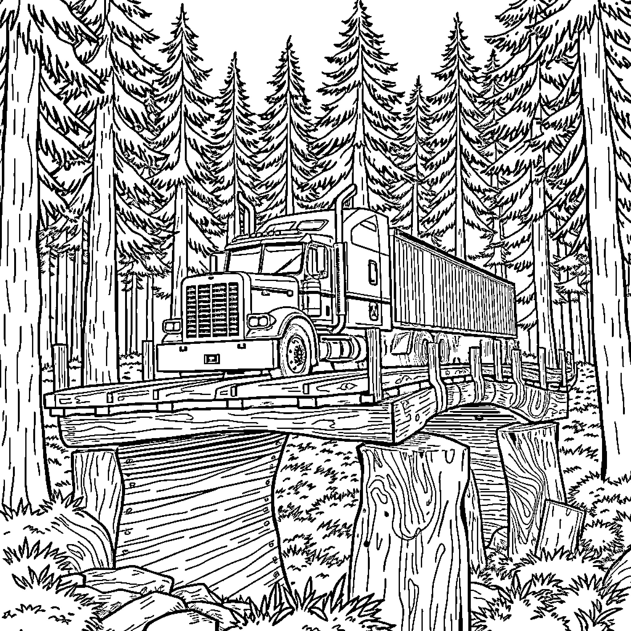 18 Wheeler Hauling Through Snowy Forest Landscape Coloring Page (free black-and-white line drawing printable PDF for all, from beginners to advanced learners, including children, teens, adults, and seniors)