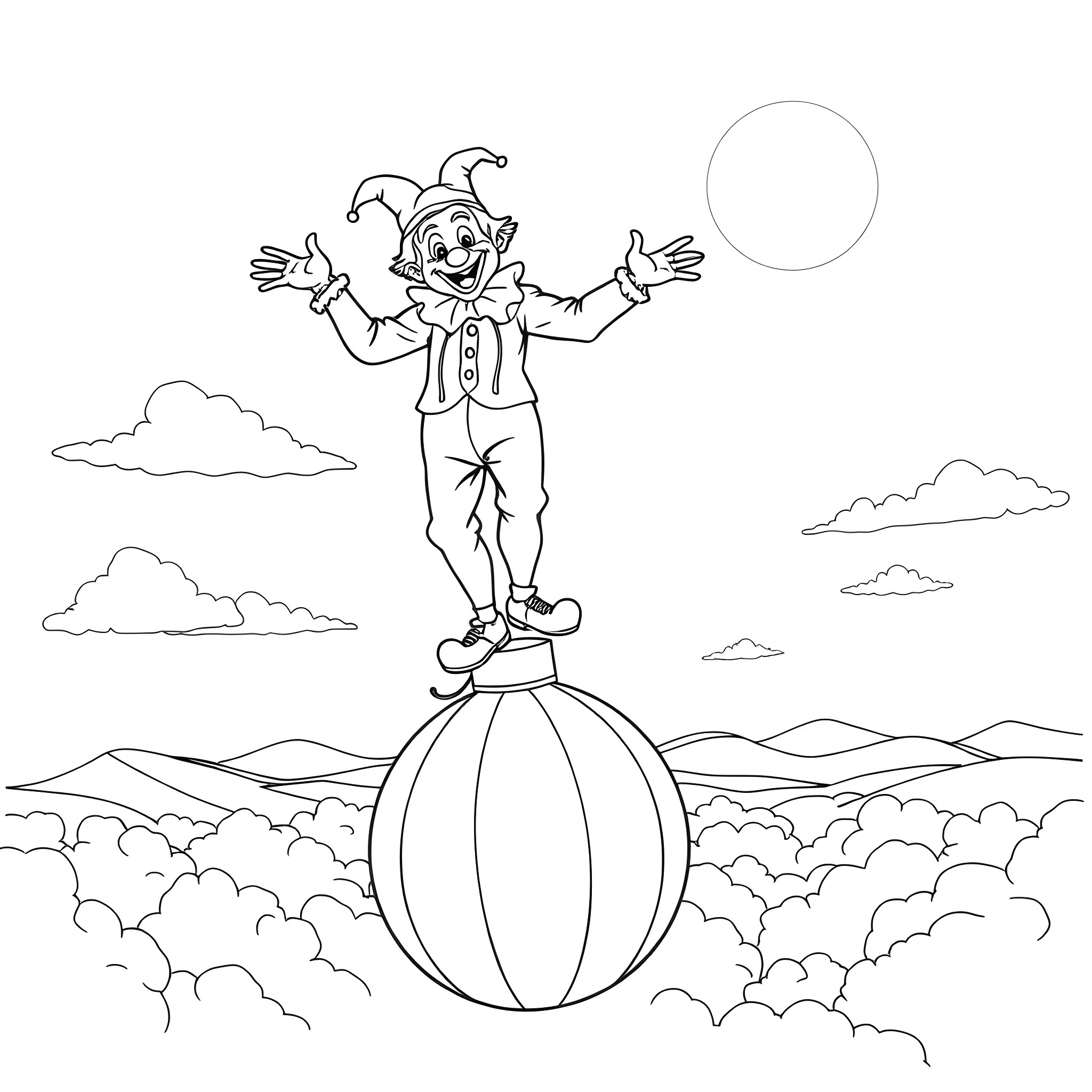 Clown performing acrobatics on a balancing ball Coloring Page (free black-and-white line drawing printable PDF for all, from beginners to advanced learners, including children, teens, adults, and seniors)