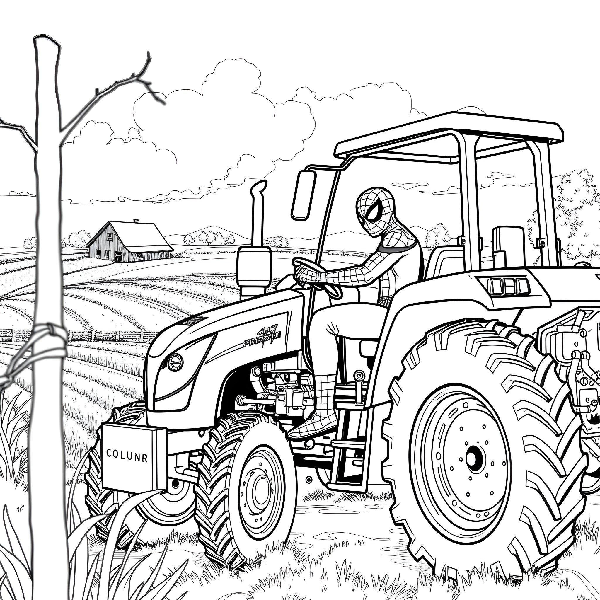 Spider-Man operating a tractor on a farm Coloring Page (free black-and-white line drawing printable PDF for all, from beginners to advanced learners, including children, teens, adults, and seniors)