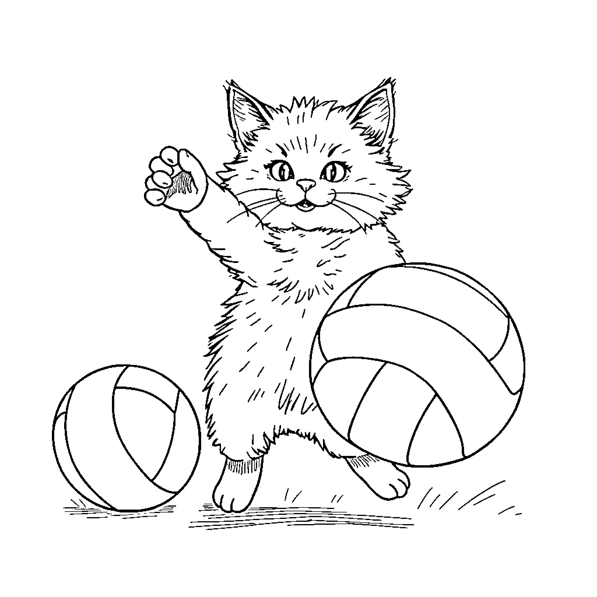Cat playing with sports balls Coloring Page (free black-and-white line drawing printable PDF for all, from beginners to advanced learners, including children, teens, adults, and seniors)