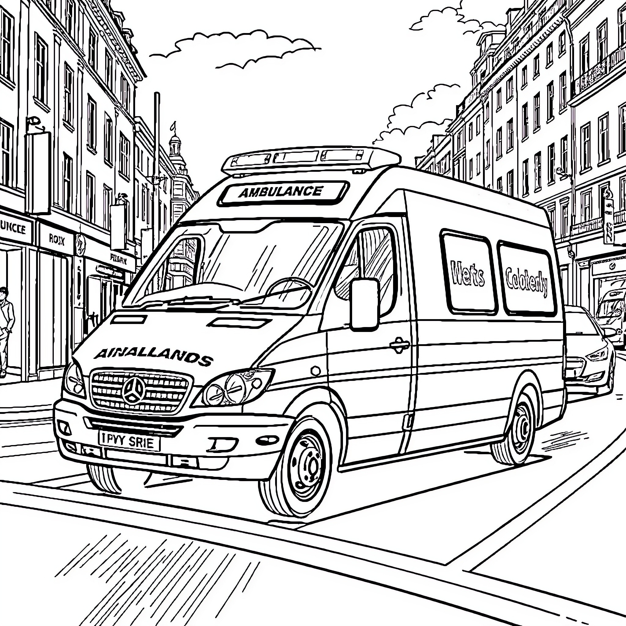 Ambulance Responding to Emergency in the City Coloring Page (free black-and-white line drawing printable PDF for all, from beginners to advanced learners, including children, teens, adults, and seniors)