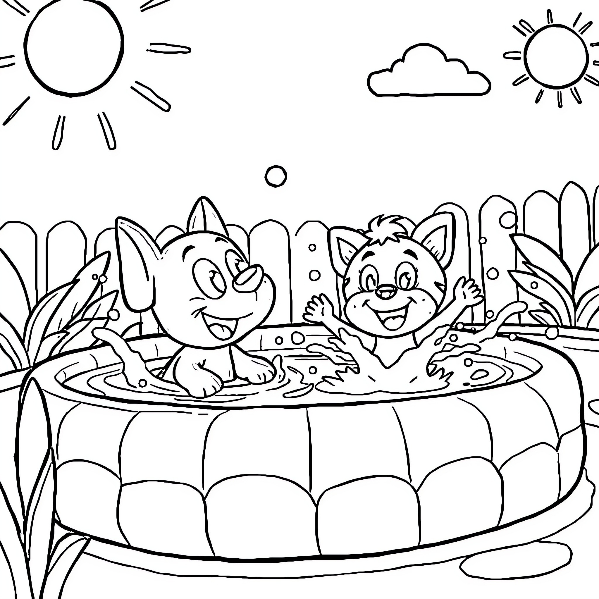 Bluey and Friends Enjoying a Pool Day Coloring Page (free black-and-white line drawing printable PDF for all, from beginners to advanced learners, including children, teens, adults, and seniors)