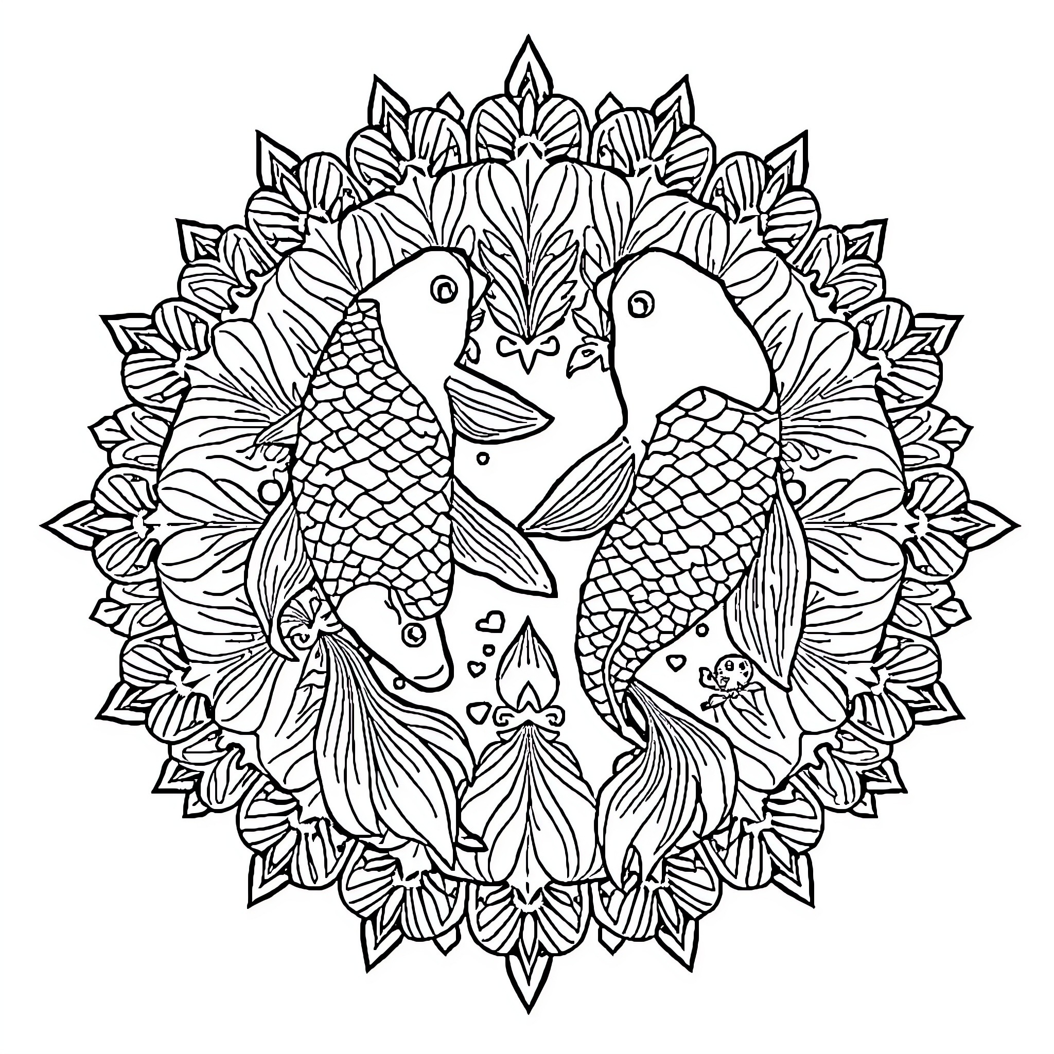 Koi Fishes Swimming in Ornate Floral Mandala Coloring Page (free black-and-white line drawing printable PDF for all, from beginners to advanced learners, including children, teens, adults, and seniors)
