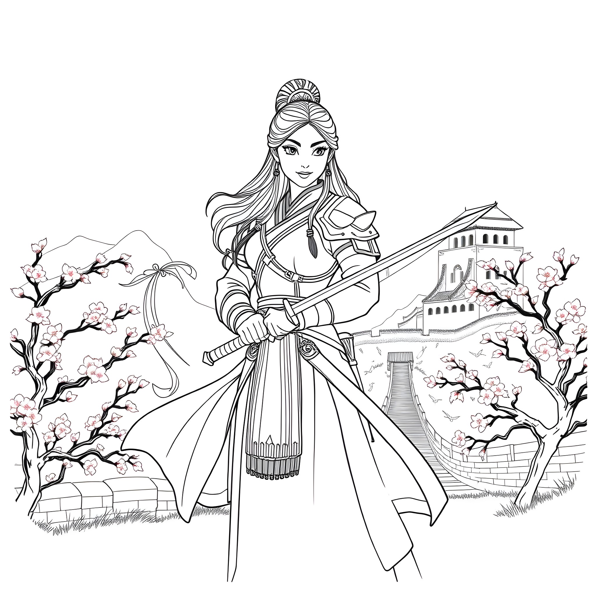 Mulan as a Warrior in Ancient China Coloring Page (free black-and-white line drawing printable PDF for all, from beginners to advanced learners, including children, teens, adults, and seniors)