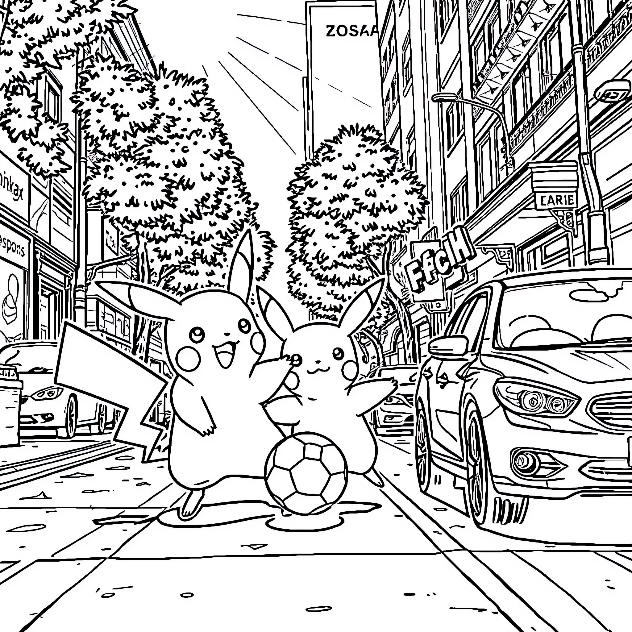 Pikachu and friends playing in the city Coloring Page (free black-and-white line drawing printable PDF for all, from beginners to advanced learners, including children, teens, adults, and seniors)