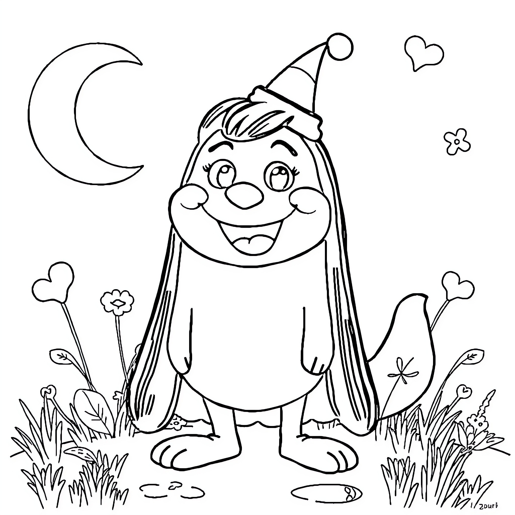 Ouioui Smiling Character with Festive Attire in Nature Coloring Page (free black-and-white line drawing printable PDF for all, from beginners to advanced learners, including children, teens, adults, and seniors)