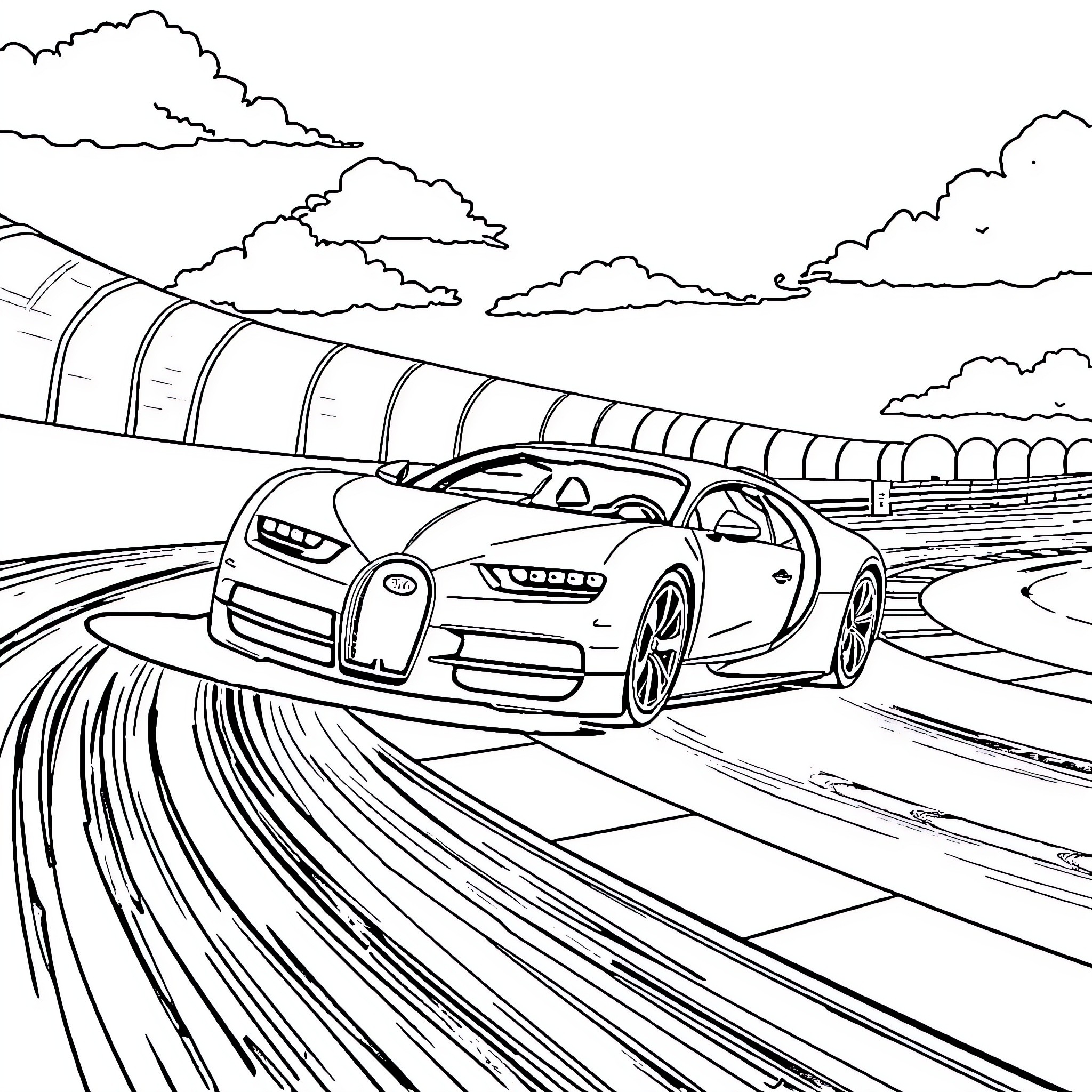 Bugatti speeding on the racetrack Coloring Page (free black-and-white line drawing printable PDF for all, from beginners to advanced learners, including children, teens, adults, and seniors)