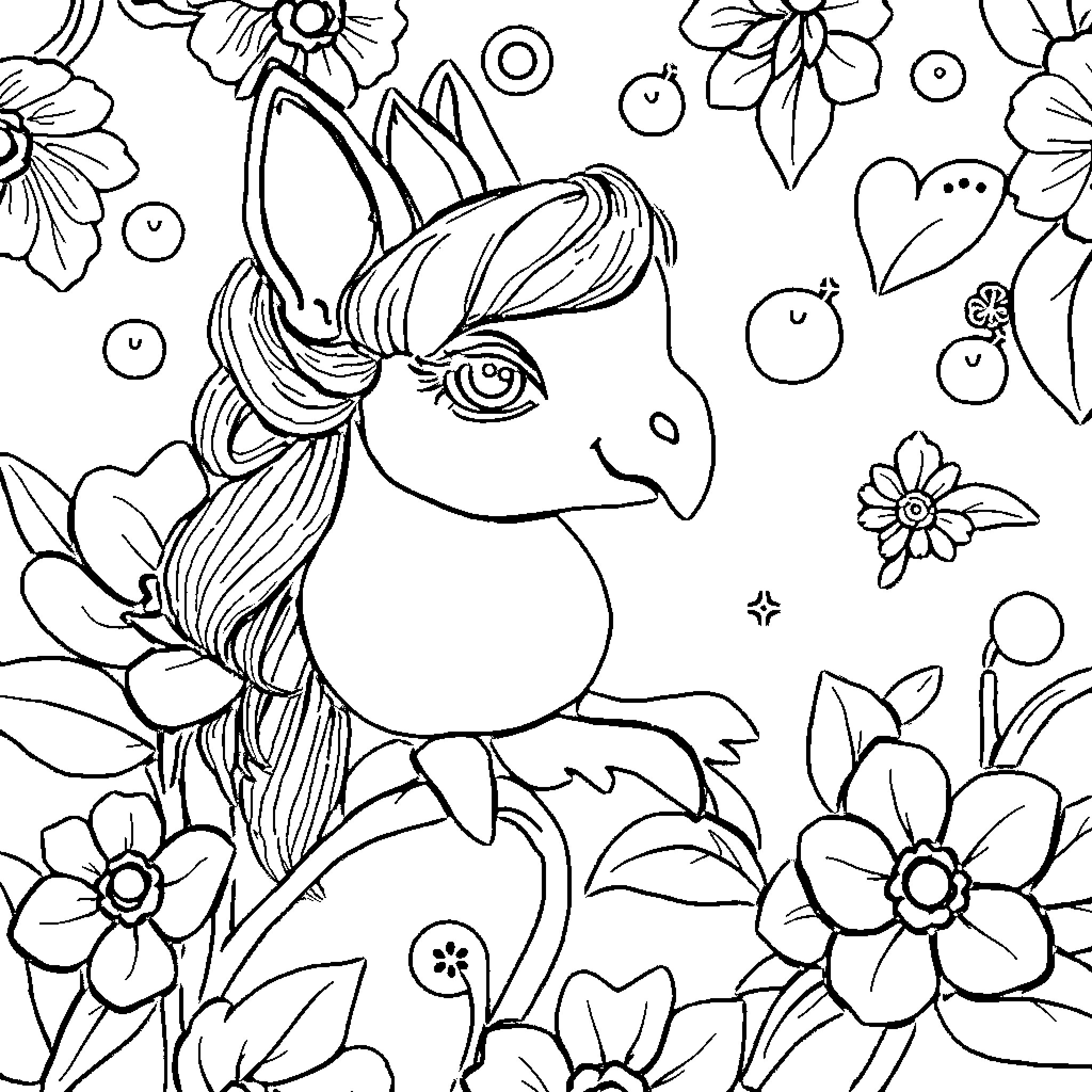 Desenhos de fantasia com coelho e flores Coloring Page (free black-and-white line drawing printable PDF for all, from beginners to advanced learners, including children, teens, adults, and seniors)