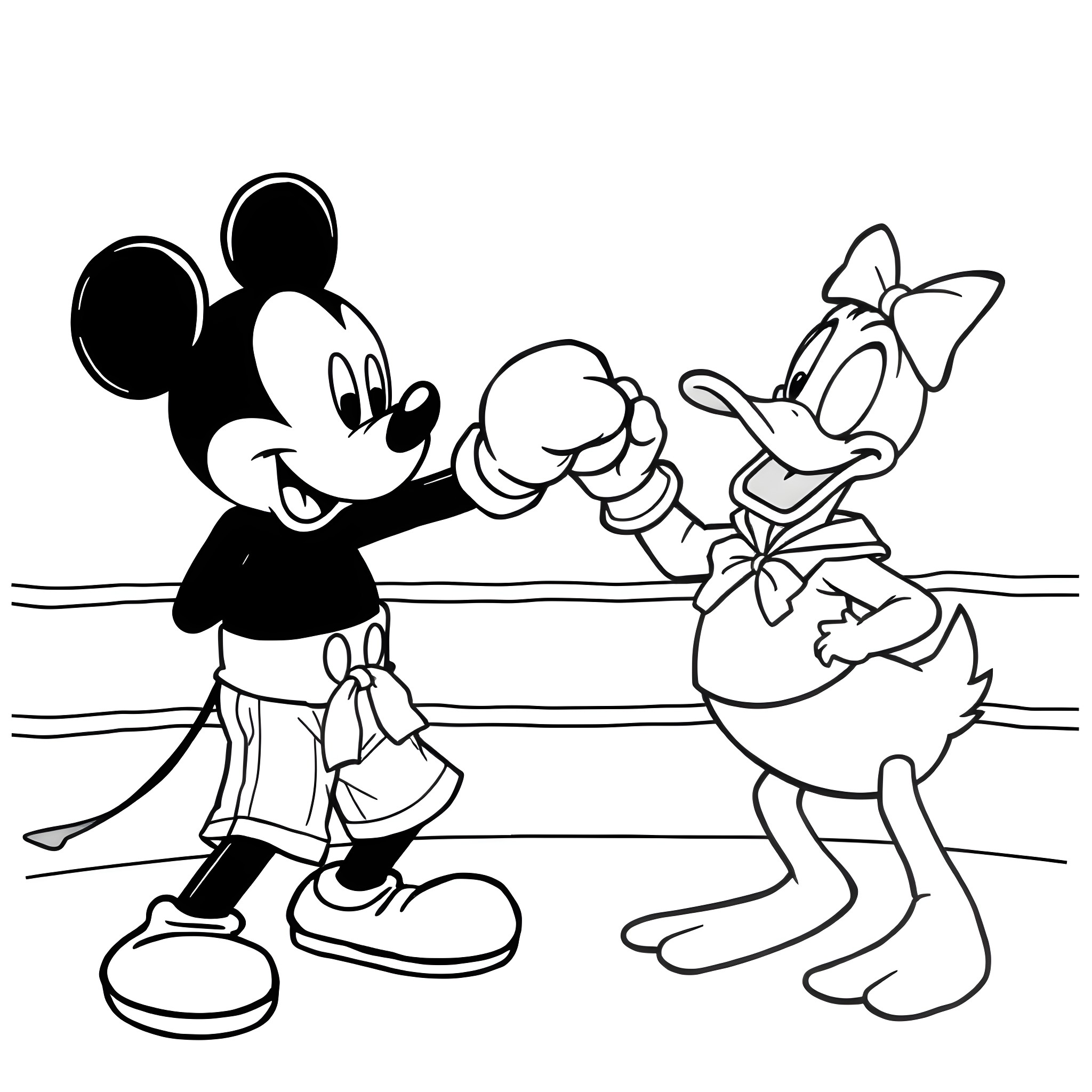 Mickey and Daisy in a playful boxing match Coloring Page (free black-and-white line drawing printable PDF for all, from beginners to advanced learners, including children, teens, adults, and seniors)