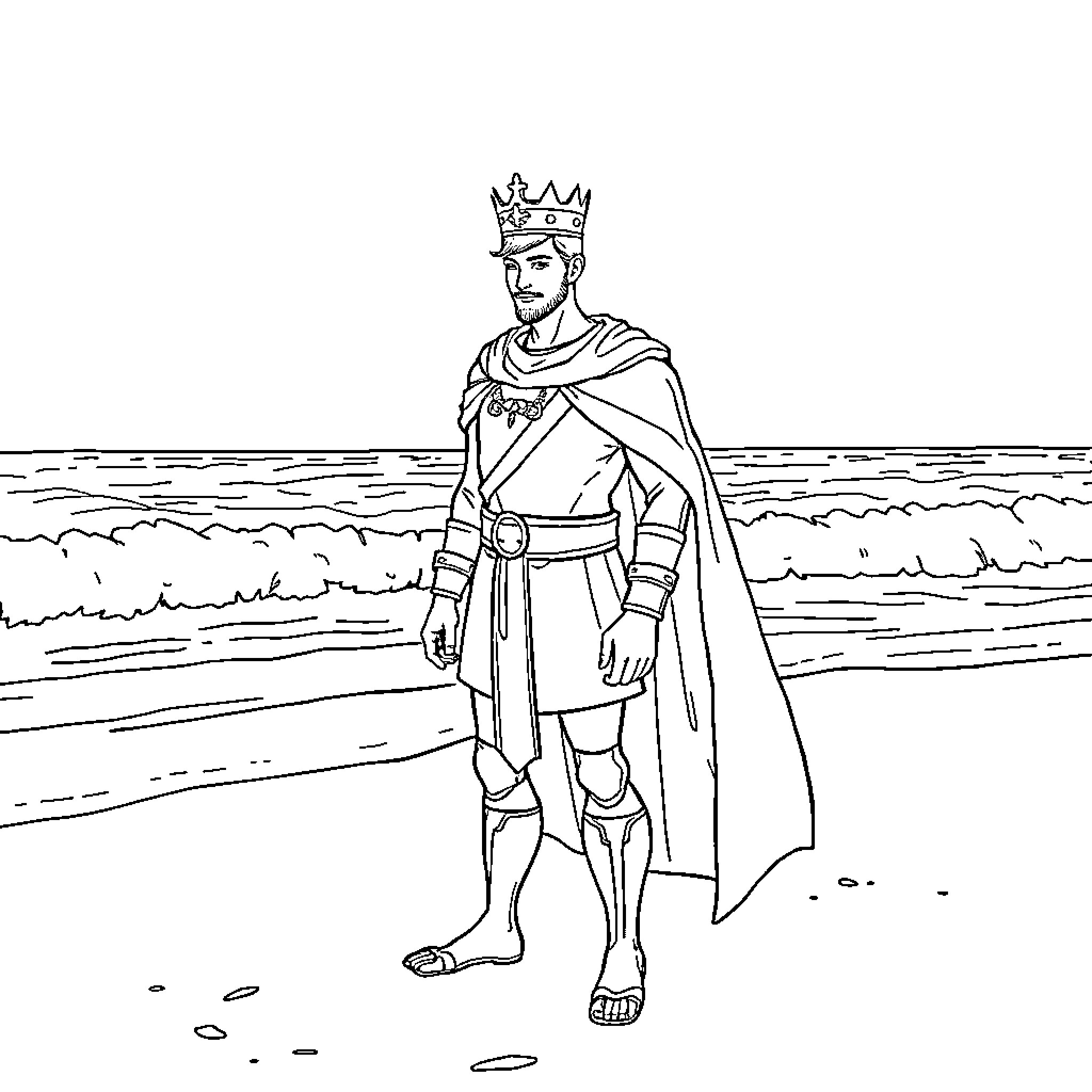 Prince standing regally by the sea Coloring Page (free black-and-white line drawing printable PDF for all, from beginners to advanced learners, including children, teens, adults, and seniors)