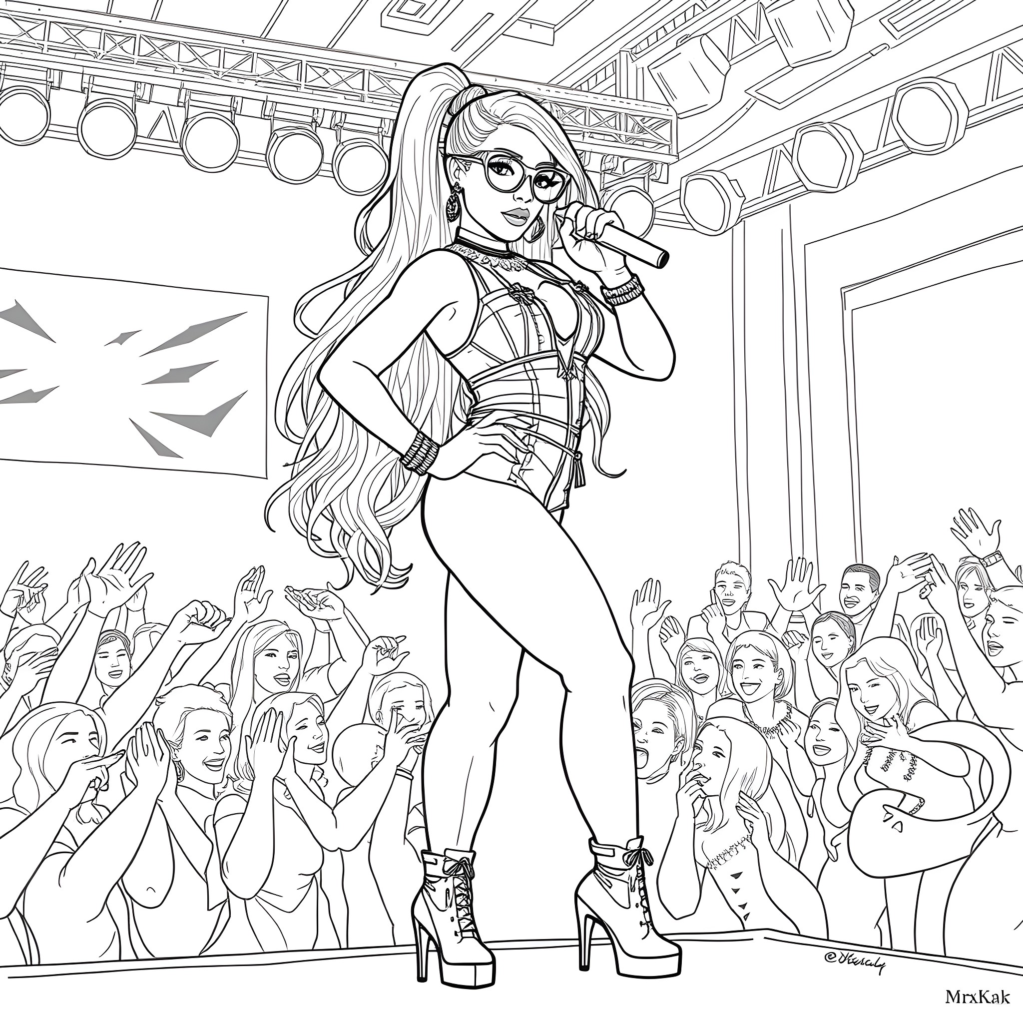 Nicki Minaj performing energetically on stage Coloring Page (free black-and-white line drawing printable PDF for all, from beginners to advanced learners, including children, teens, adults, and seniors)
