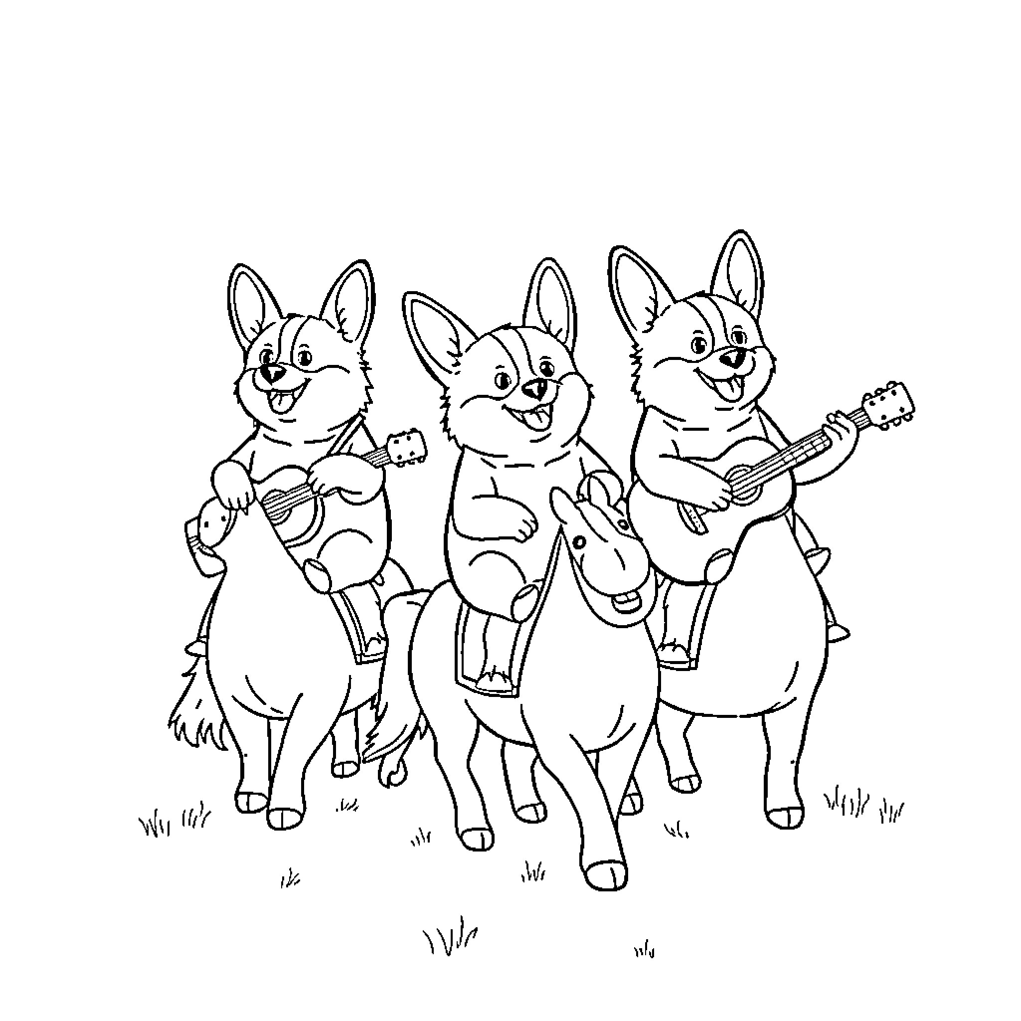 Corgi band performing happily in the field Coloring Page (free black-and-white line drawing printable PDF for all, from beginners to advanced learners, including children, teens, adults, and seniors)