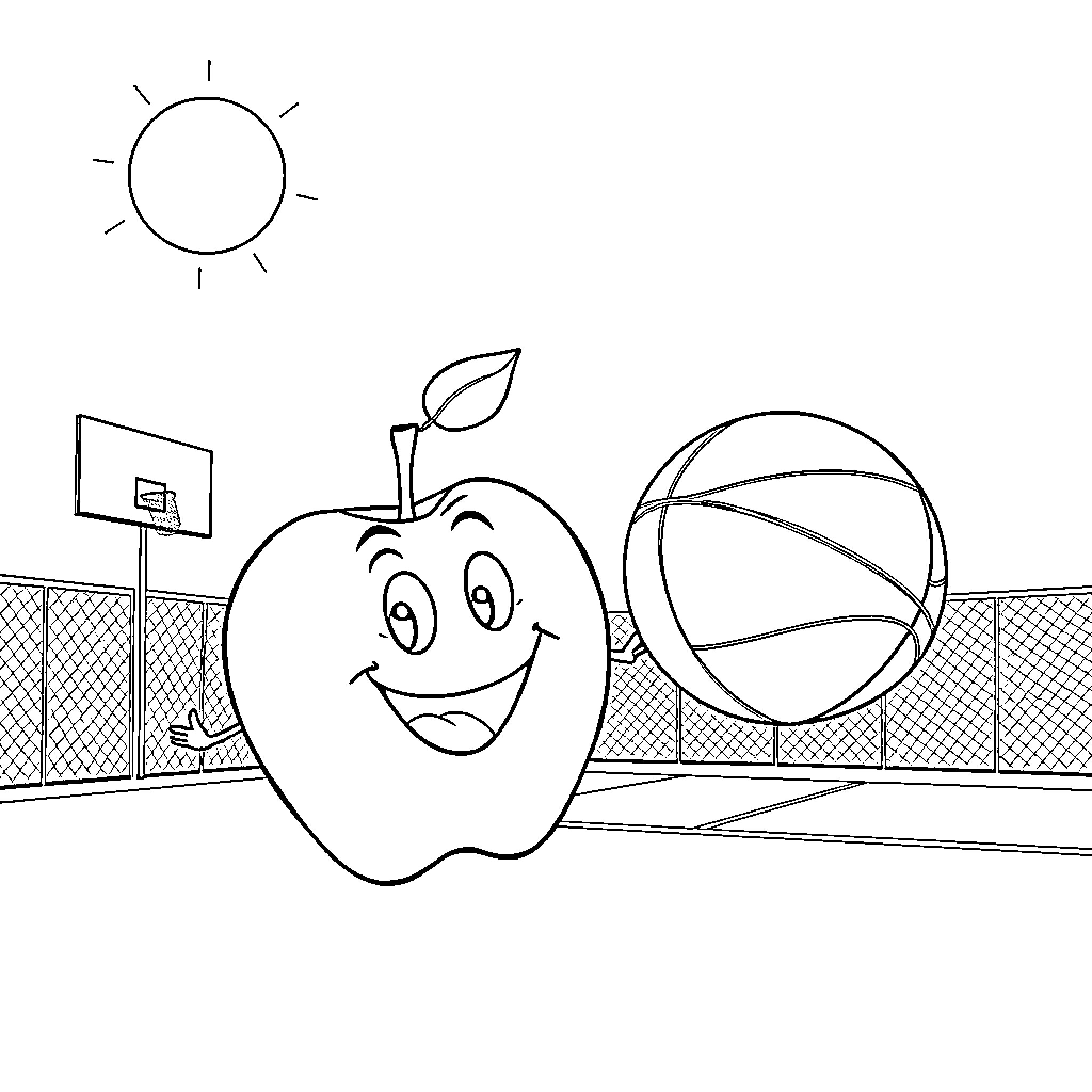 Apple playing happily on basketball court Coloring Page (free black-and-white line drawing printable PDF for all, from beginners to advanced learners, including children, teens, adults, and seniors)