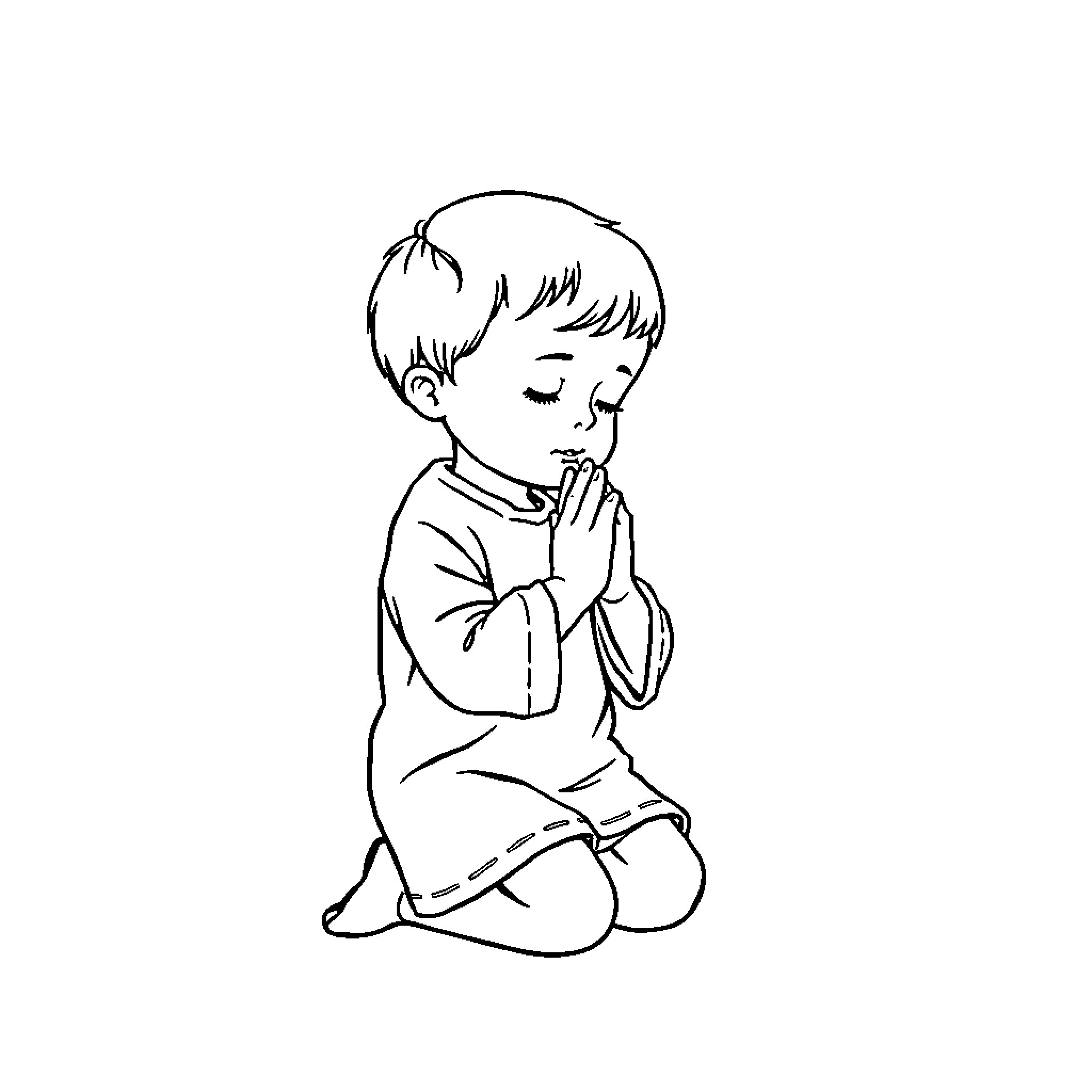 Child praying devoutly on the floor Coloring Page (free black-and-white line drawing printable PDF for all, from beginners to advanced learners, including children, teens, adults, and seniors)