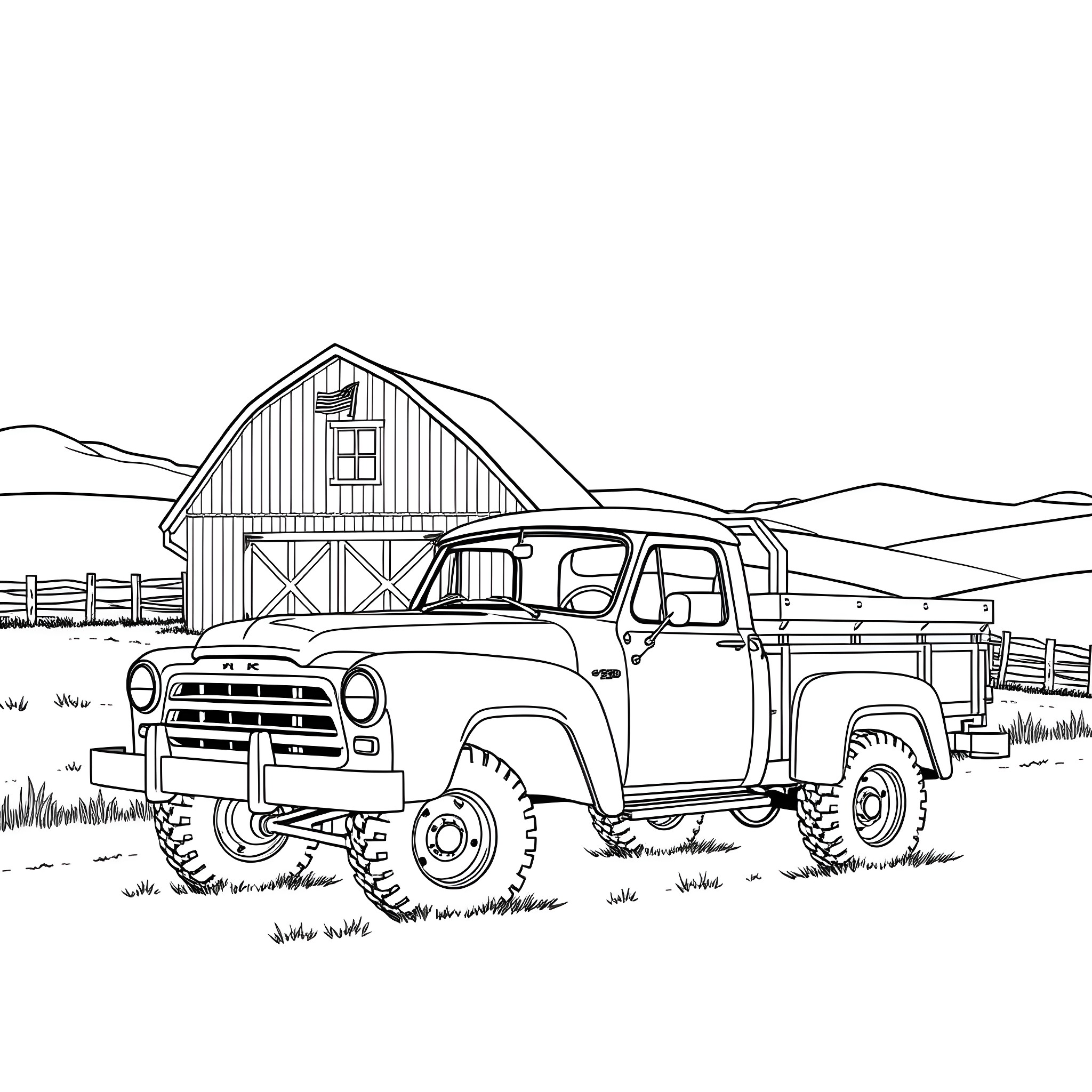 Flatbed truck in rural countryside Coloring Page (free black-and-white line drawing printable PDF for all, from beginners to advanced learners, including children, teens, adults, and seniors)