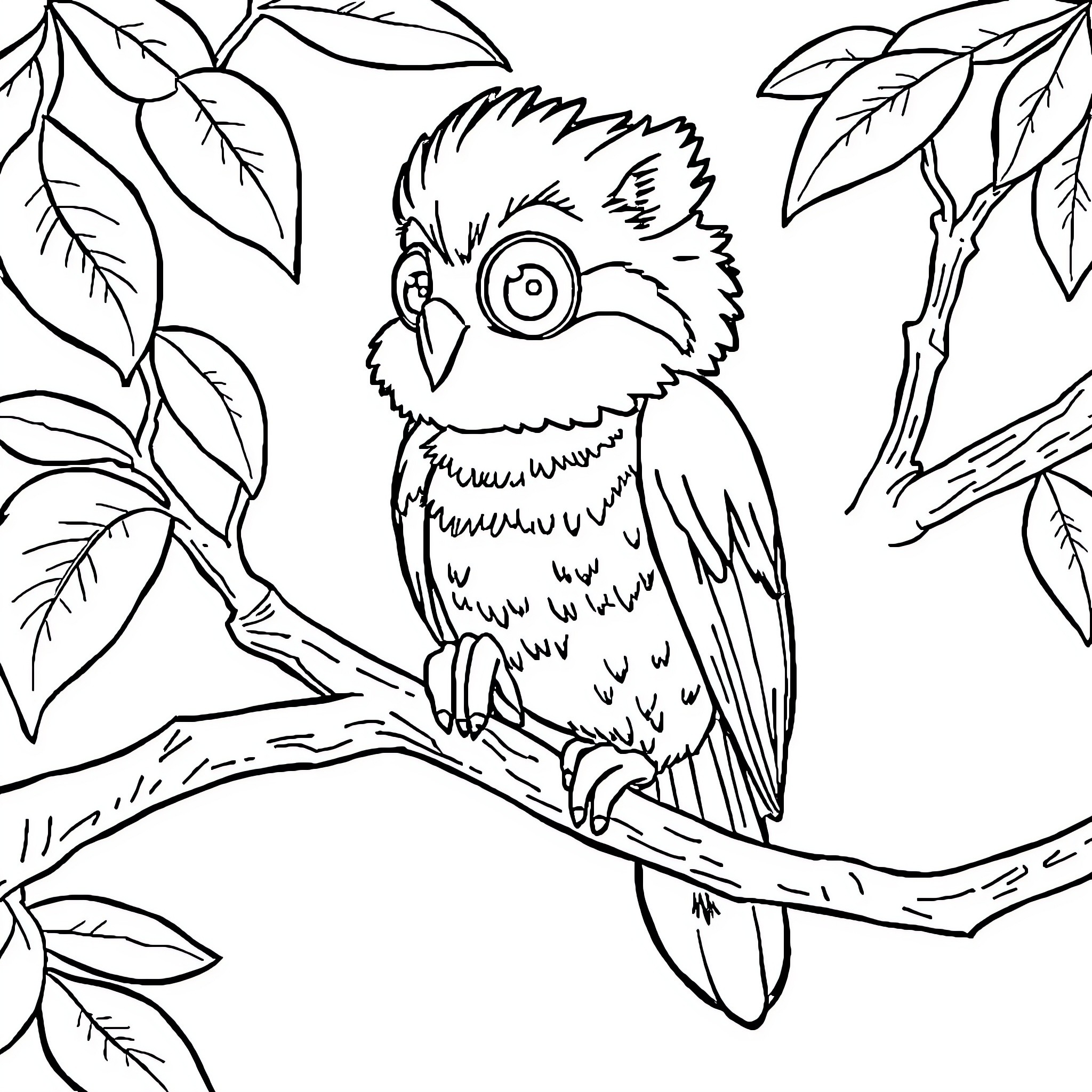 Chameleon-like parrot perched on tree branch Coloring Page (free black-and-white line drawing printable PDF for all, from beginners to advanced learners, including children, teens, adults, and seniors)
