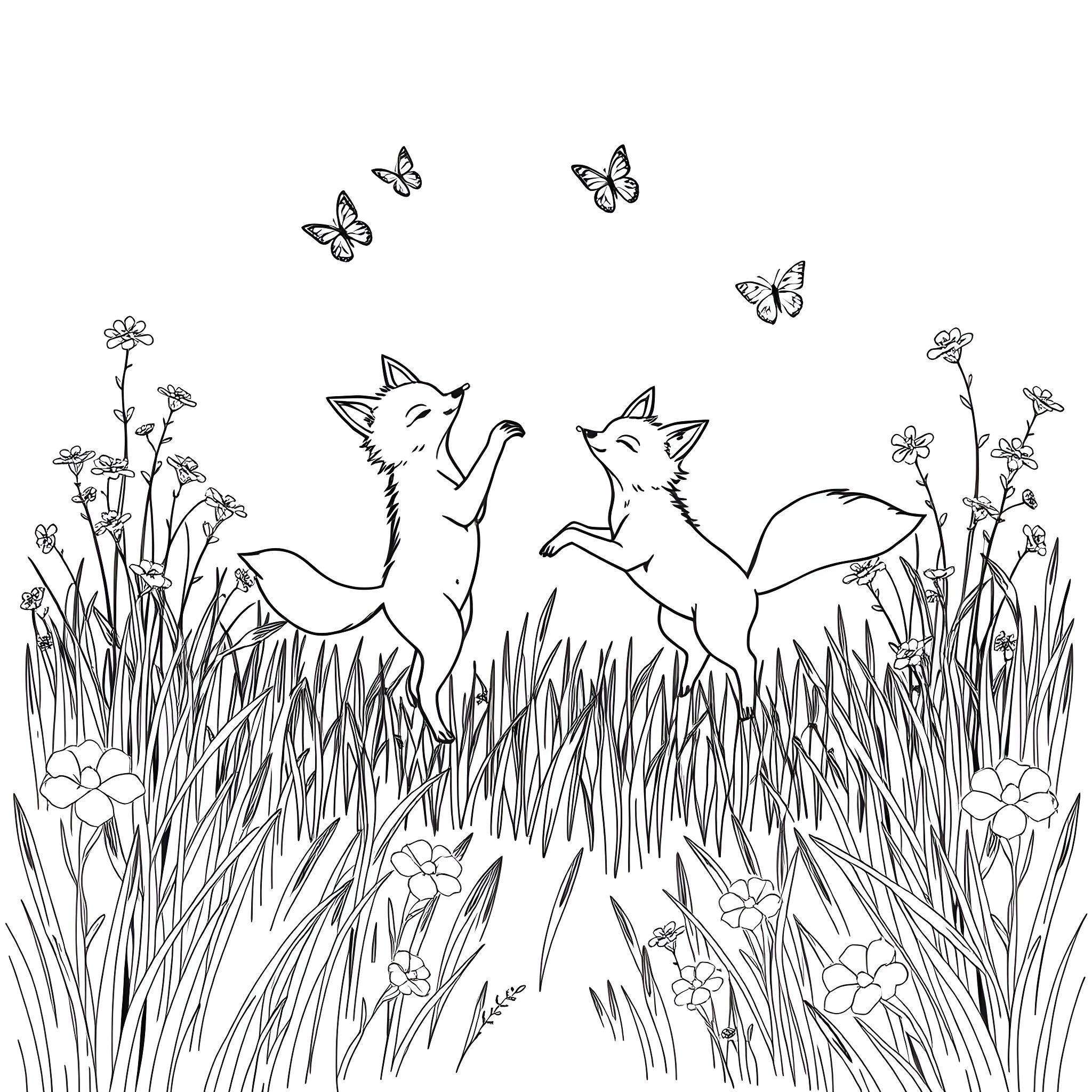 Foxes playfully chasing butterflies in a floral field Coloring Page (free black-and-white line drawing printable PDF for all, from beginners to advanced learners, including children, teens, adults, and seniors)
