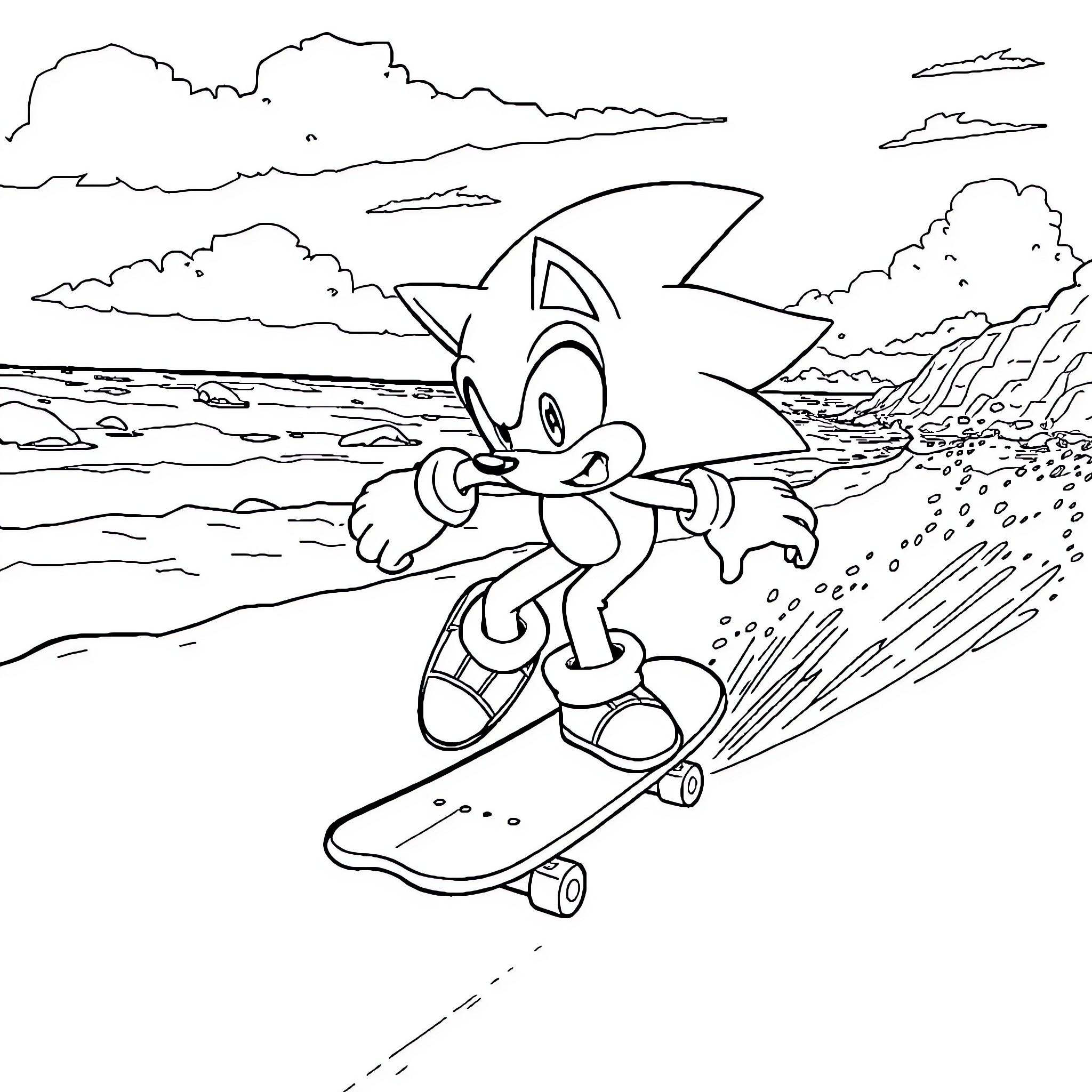 Sonic skateboarding through a coastal landscape Coloring Page (free black-and-white line drawing printable PDF for all, from beginners to advanced learners, including children, teens, adults, and seniors)