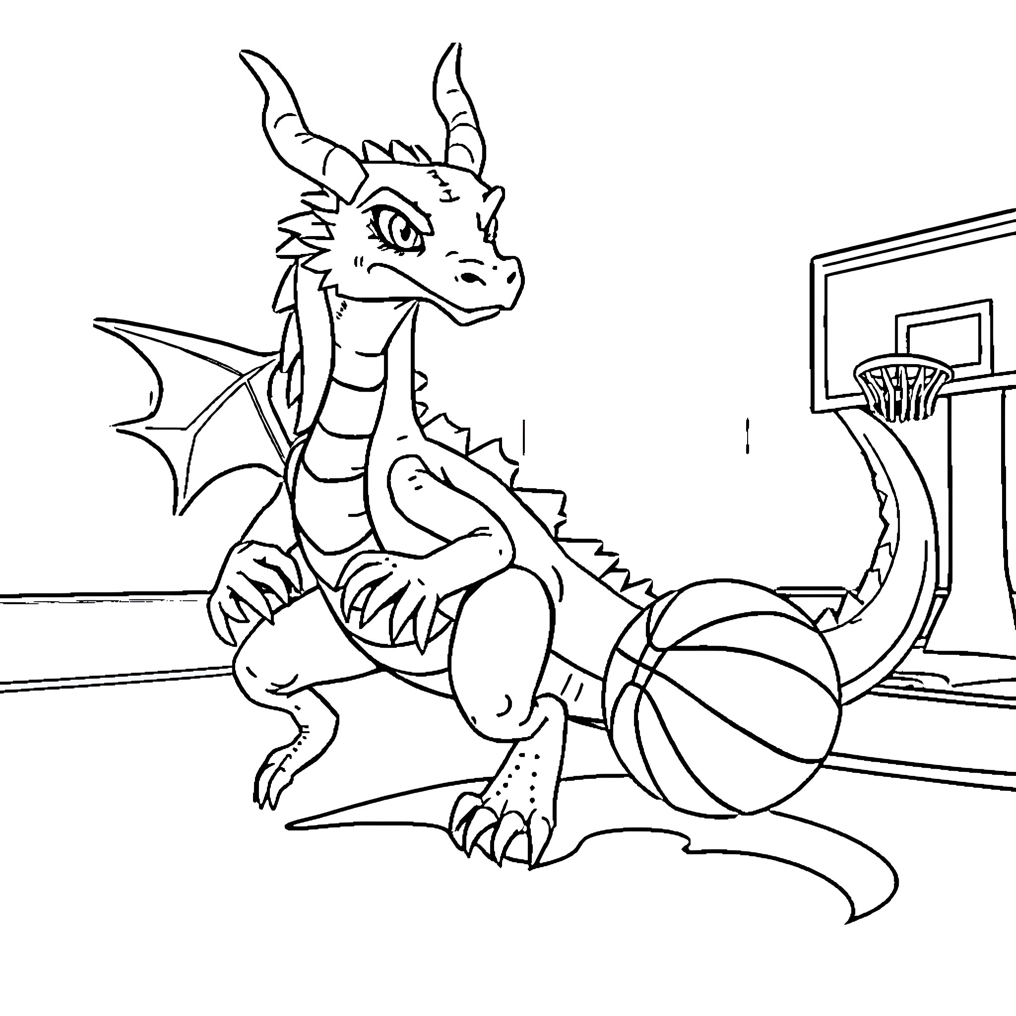 Blue Eyes White Dragon playing with a basketball Coloring Page (free black-and-white line drawing printable PDF for all, from beginners to advanced learners, including children, teens, adults, and seniors)