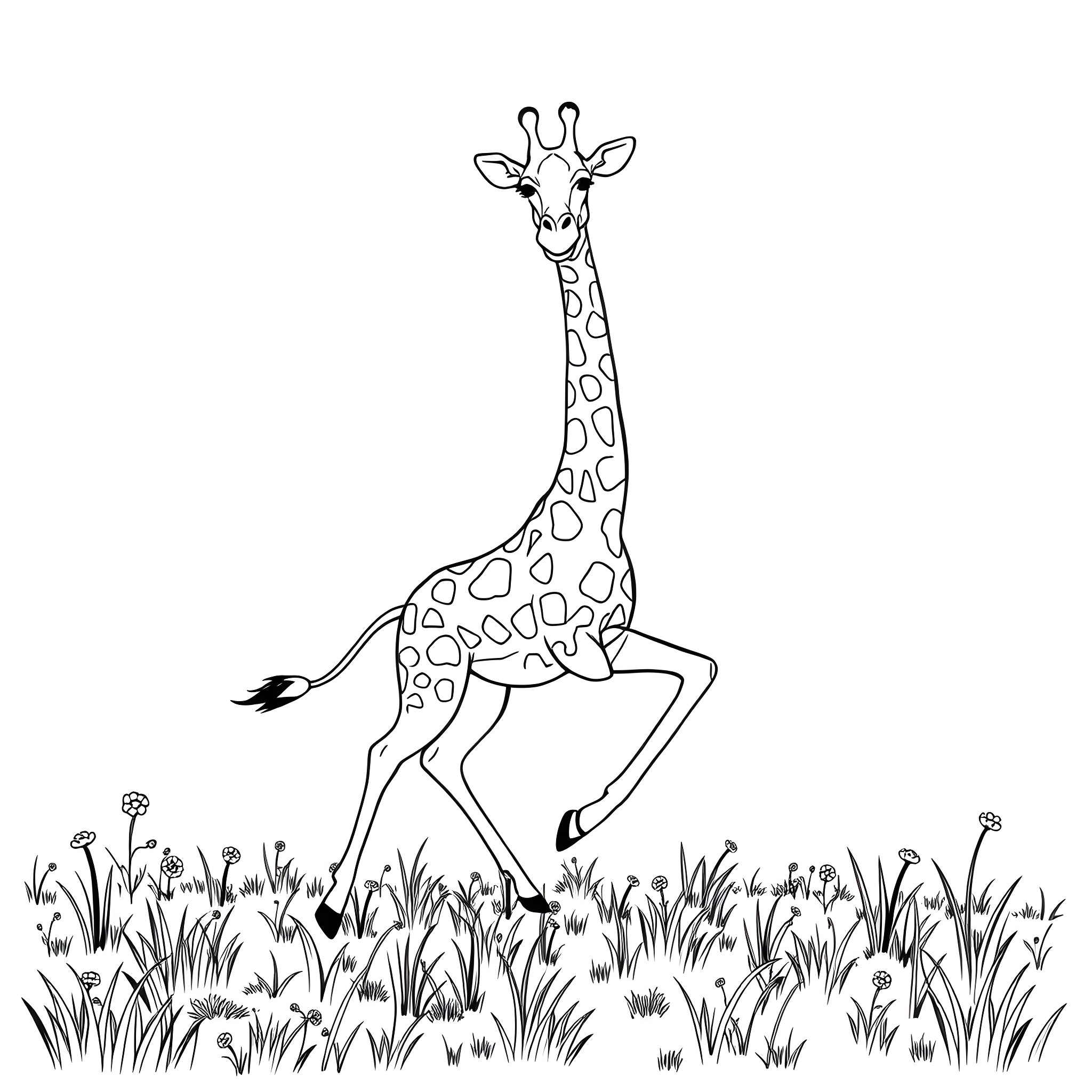 Giraffe walking through tall grass Coloring Page (free black-and-white line drawing printable PDF for all, from beginners to advanced learners, including children, teens, adults, and seniors)