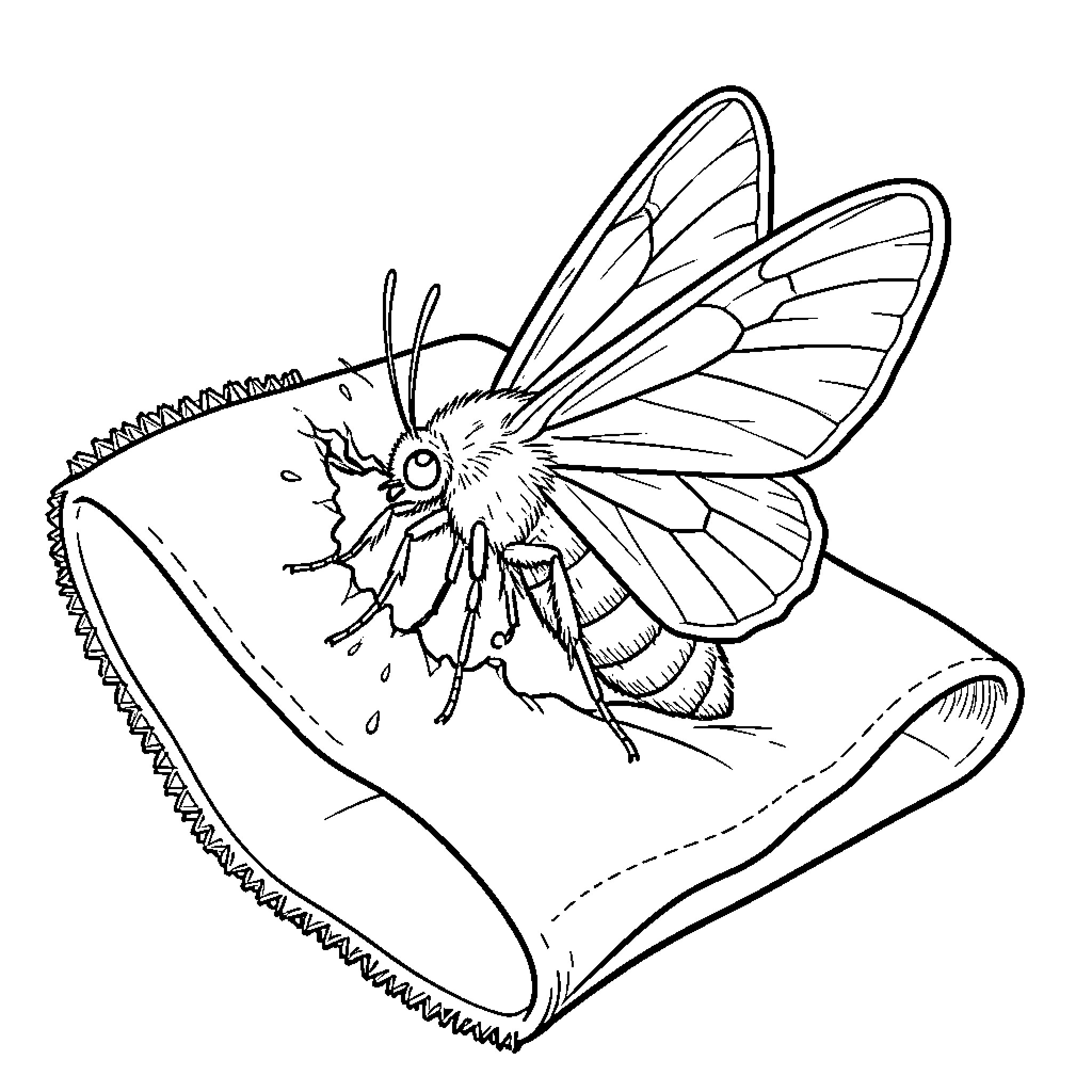 Moth emerging from a small hole in fabric Coloring Page (free black-and-white line drawing printable PDF for all, from beginners to advanced learners, including children, teens, adults, and seniors)