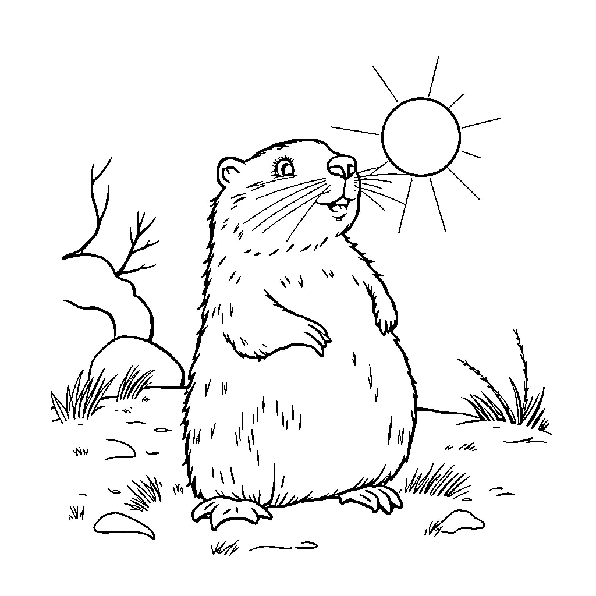 Wiarton Willie enjoying the sunny outdoors Coloring Page (free black-and-white line drawing printable PDF for all, from beginners to advanced learners, including children, teens, adults, and seniors)