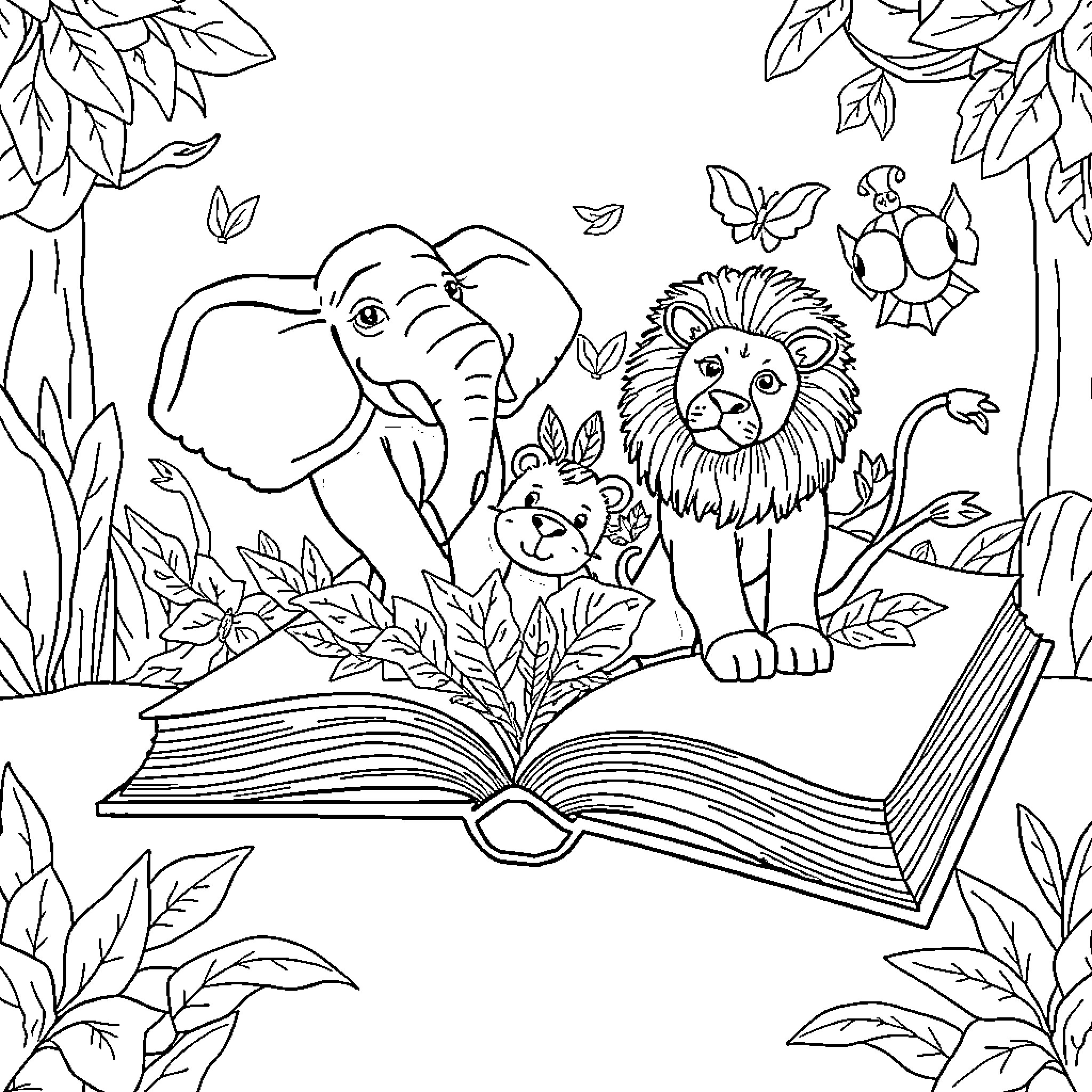 Book of Jungle Animals and Adventure Coloring Page (free black-and-white line drawing printable PDF for all, from beginners to advanced learners, including children, teens, adults, and seniors)