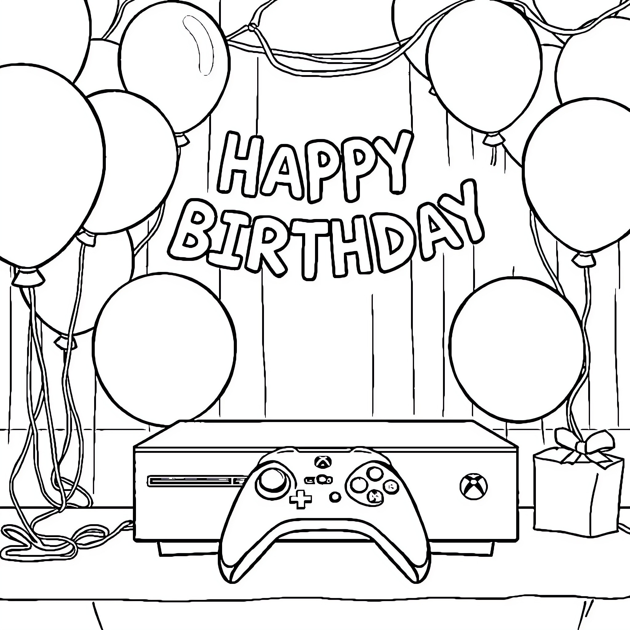 Birthday celebration with video game controller and balloons Coloring Page (free black-and-white line drawing printable PDF for all, from beginners to advanced learners, including children, teens, adults, and seniors)
