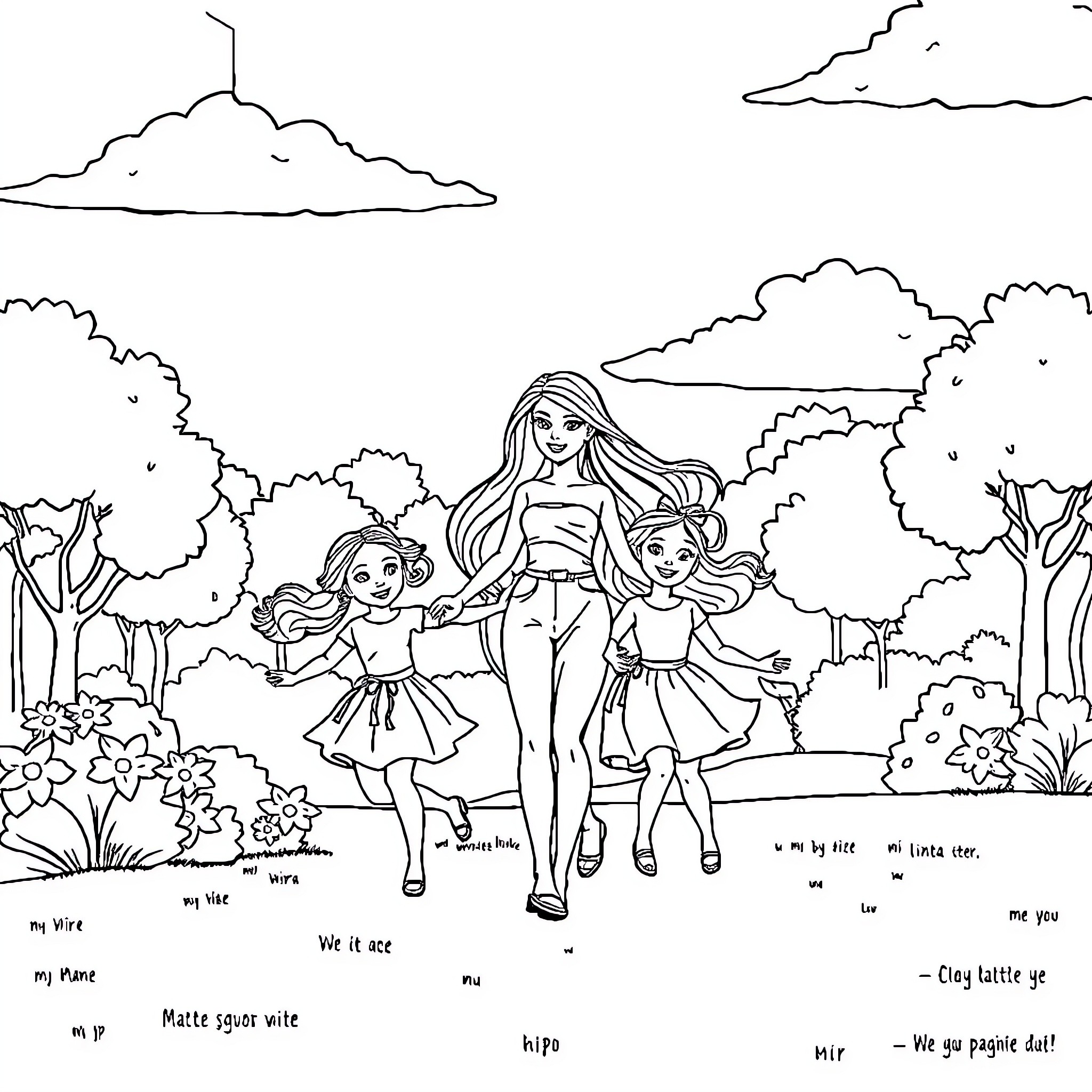 Barbie enjoying a day out with her friends Coloring Page (free black-and-white line drawing printable PDF for all, from beginners to advanced learners, including children, teens, adults, and seniors)