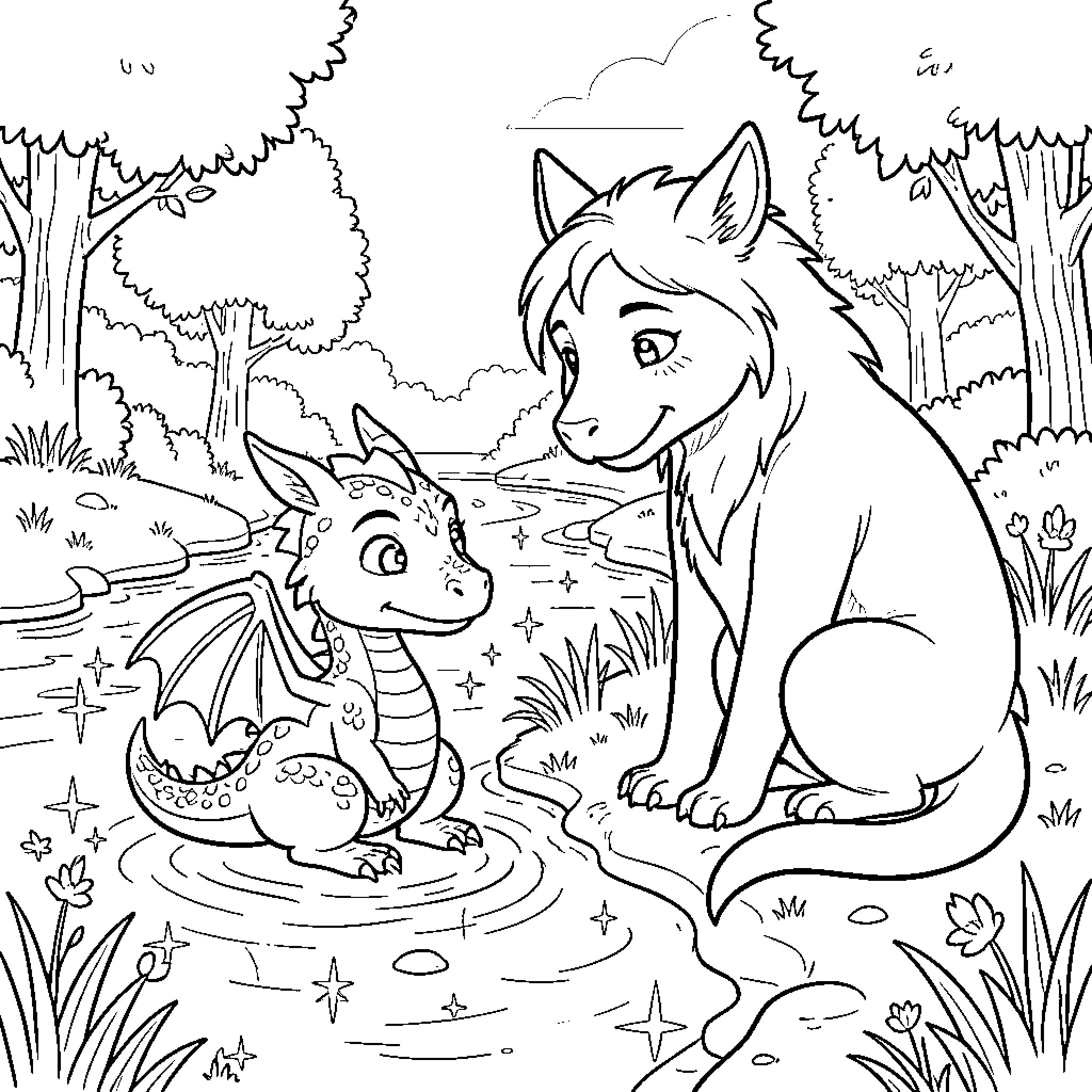 Dragon and mythical creature in enchanted forest Coloring Page (free black-and-white line drawing printable PDF for all, from beginners to advanced learners, including children, teens, adults, and seniors)