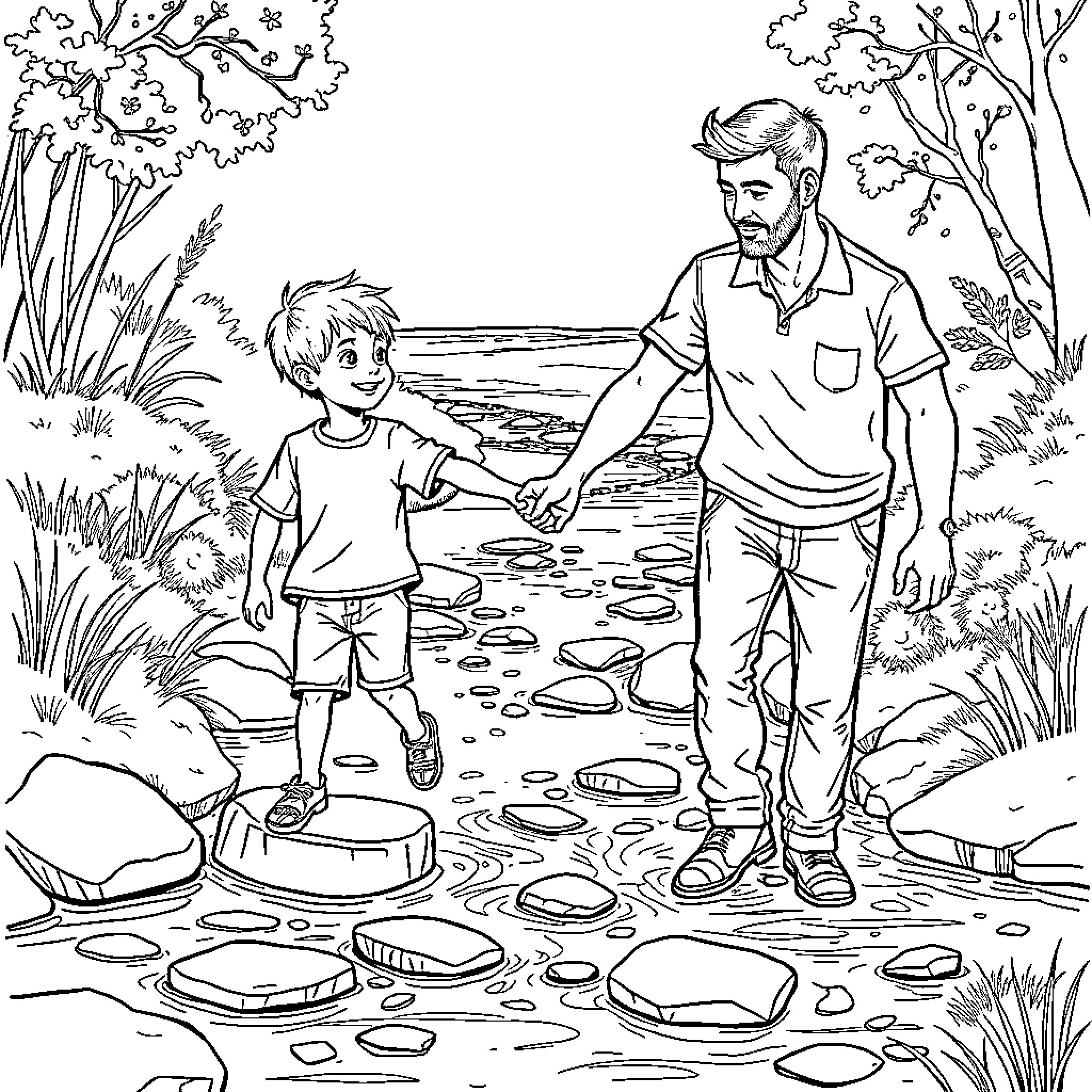 Father and son exploring nature together Coloring Page (free black-and-white line drawing printable PDF for all, from beginners to advanced learners, including children, teens, adults, and seniors)