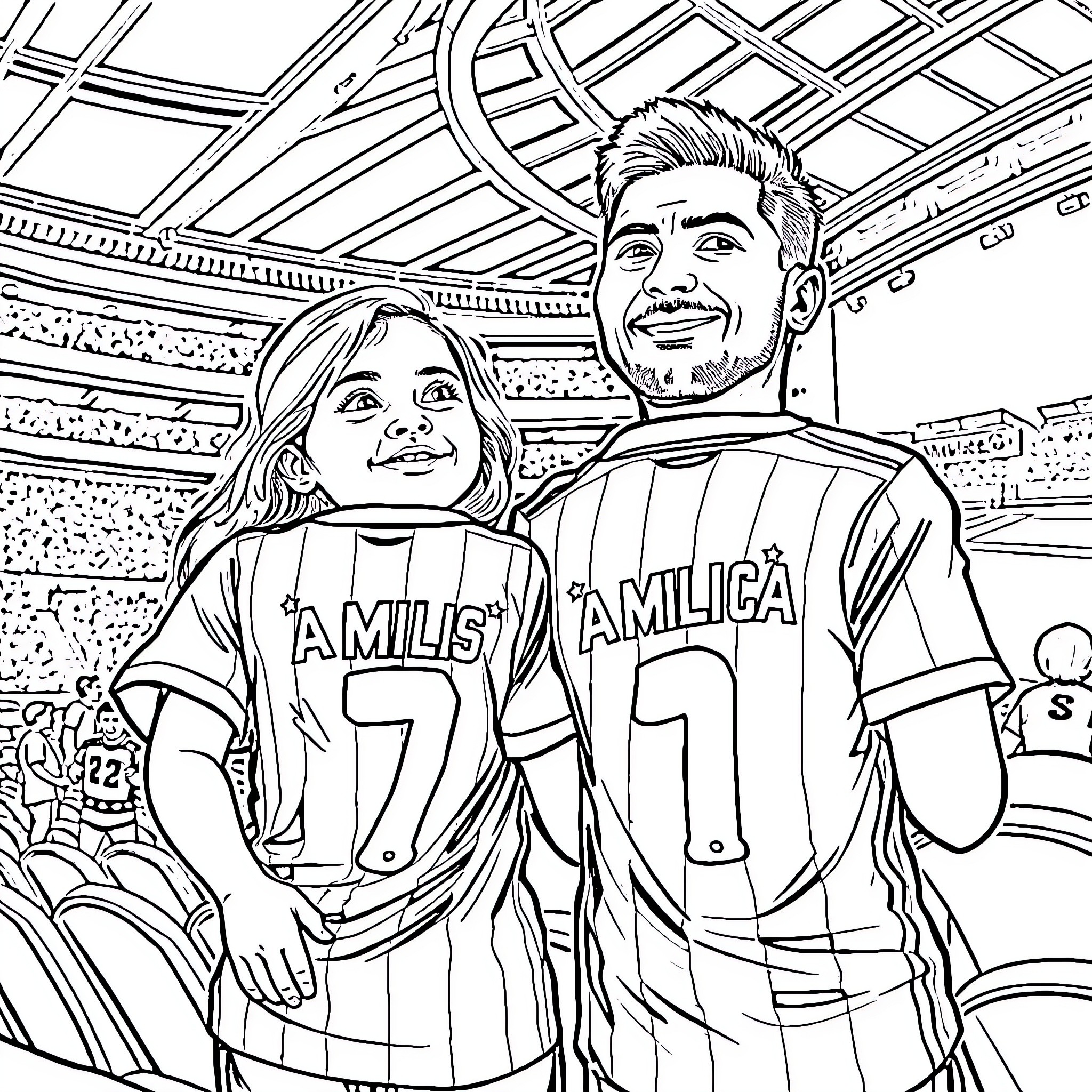 Father and child in matching sports jerseys at the stadium Coloring Page (free black-and-white line drawing printable PDF for all, from beginners to advanced learners, including children, teens, adults, and seniors)