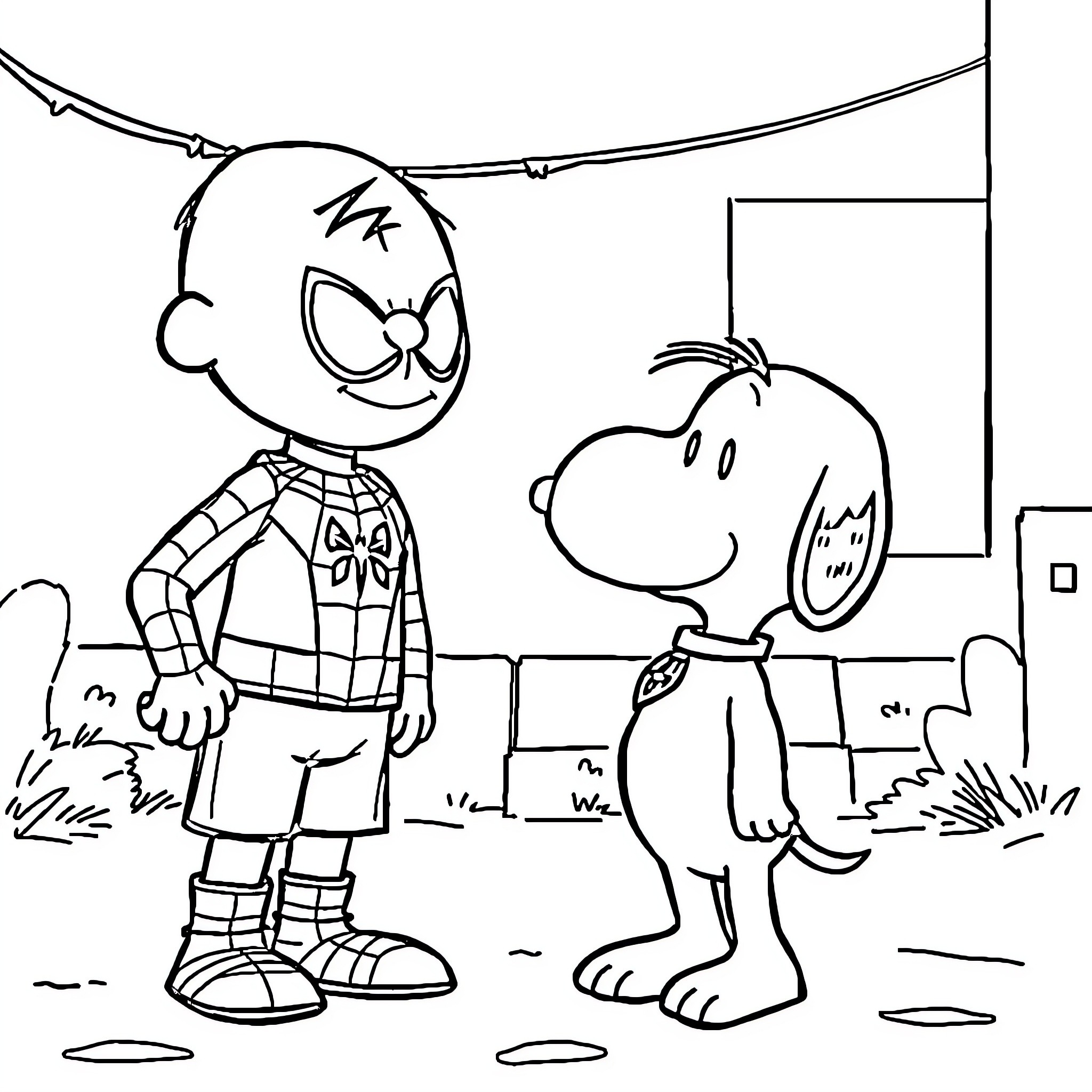 Snoopy and friend in a silly adventure Coloring Page (free black-and-white line drawing printable PDF for all, from beginners to advanced learners, including children, teens, adults, and seniors)