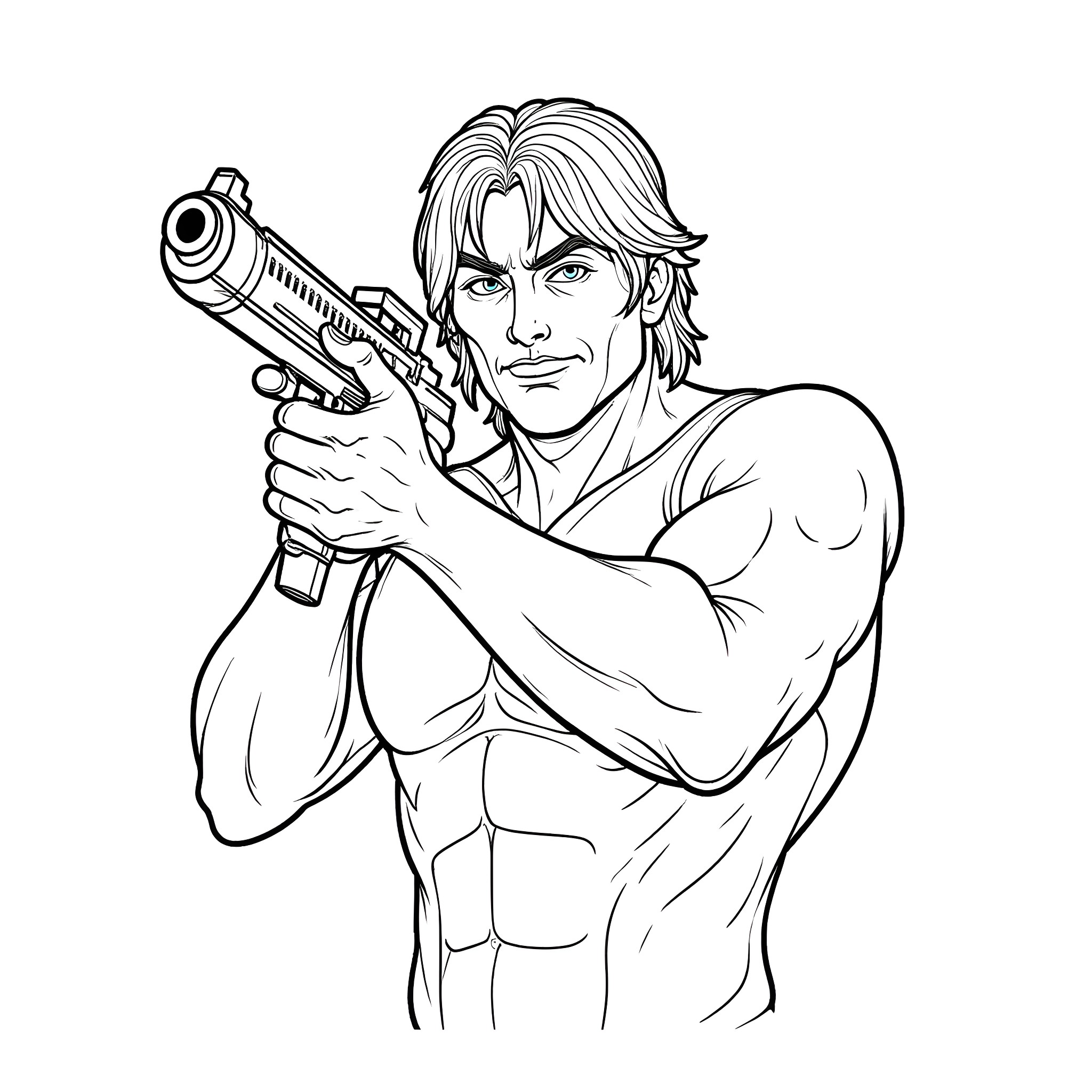 Eddie the Rugged Action Hero Wielding a Weapon Coloring Page (free black-and-white line drawing printable PDF for all, from beginners to advanced learners, including children, teens, adults, and seniors)