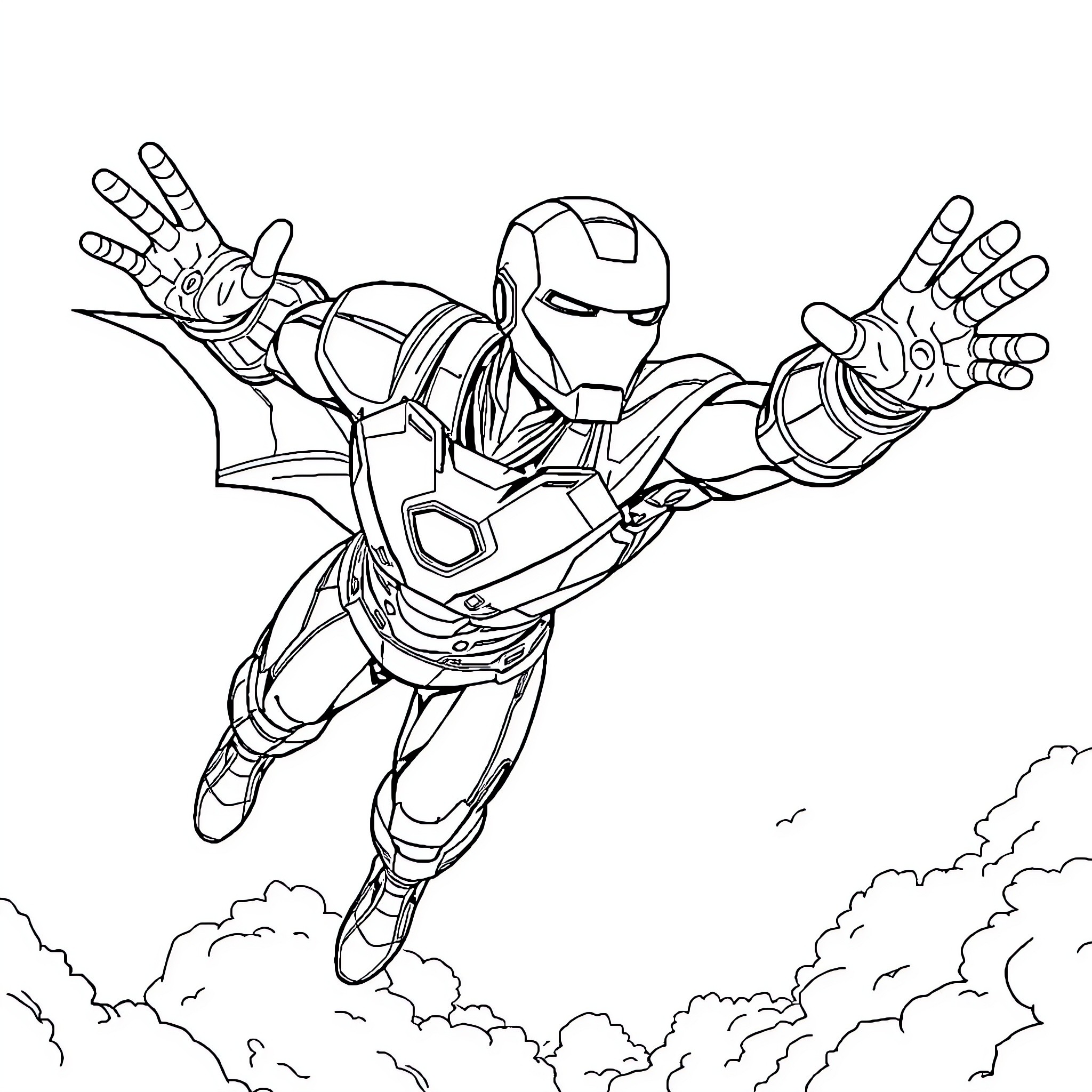 Iron Man in action-packed mid-air heroic pose Coloring Page (free black-and-white line drawing printable PDF for all, from beginners to advanced learners, including children, teens, adults, and seniors)