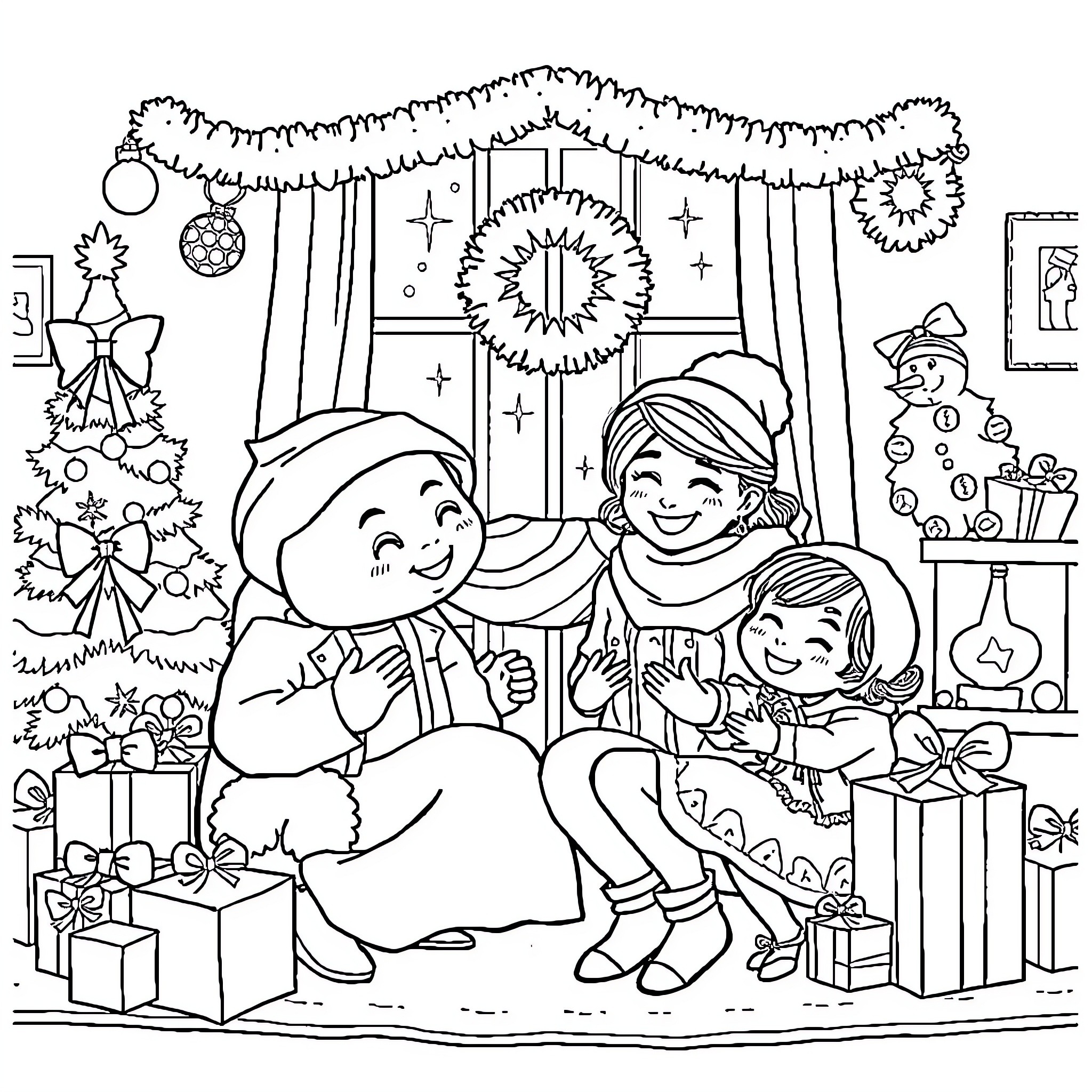 Bluey's Family Celebrates Christmas Together Coloring Page (free black-and-white line drawing printable PDF for all, from beginners to advanced learners, including children, teens, adults, and seniors)