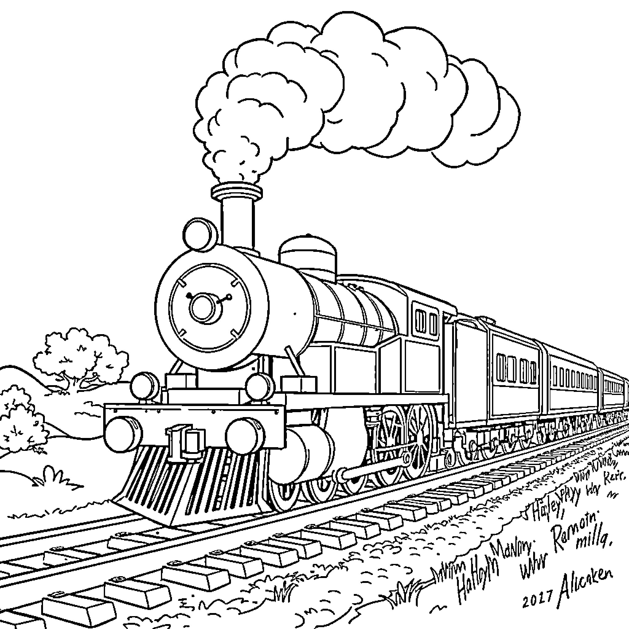 Steamtrain rushing through the countryside Coloring Page (free black-and-white line drawing printable PDF for all, from beginners to advanced learners, including children, teens, adults, and seniors)