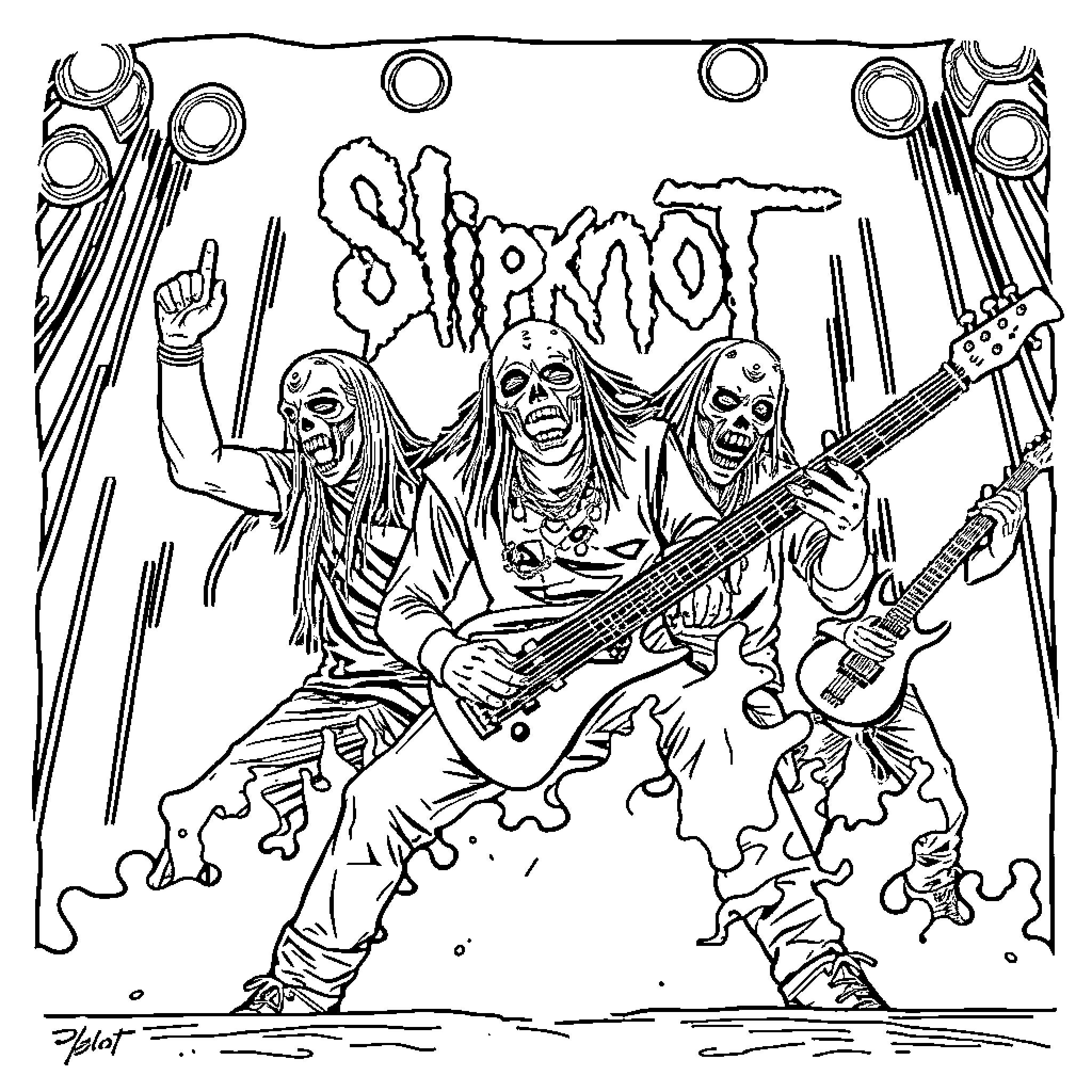 Slipknot band members performing live on stage Coloring Page (free black-and-white line drawing printable PDF for all, from beginners to advanced learners, including children, teens, adults, and seniors)