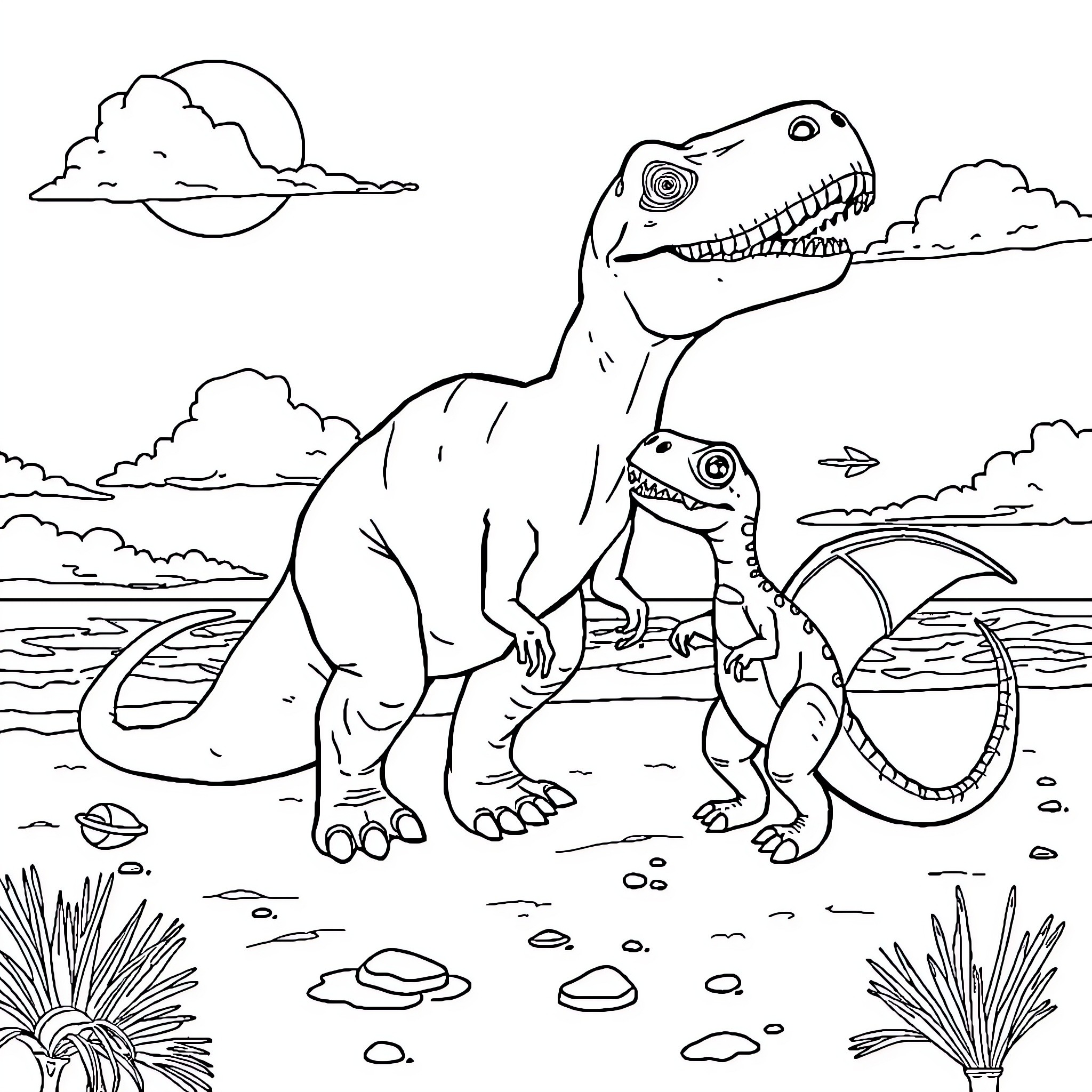 Dinosaurs roaming the prehistoric landscape Coloring Page (free black-and-white line drawing printable PDF for all, from beginners to advanced learners, including children, teens, adults, and seniors)
